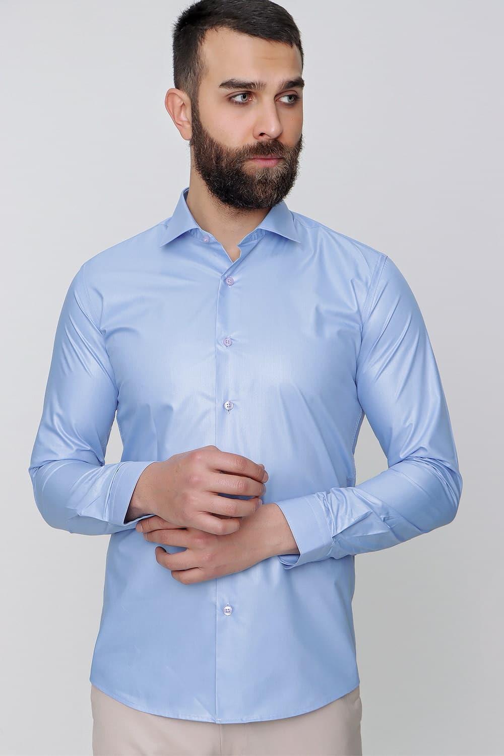 Slim Fit Pamuk Saten Uzun Kol Klasik Mavi Gömlek  Gk 157