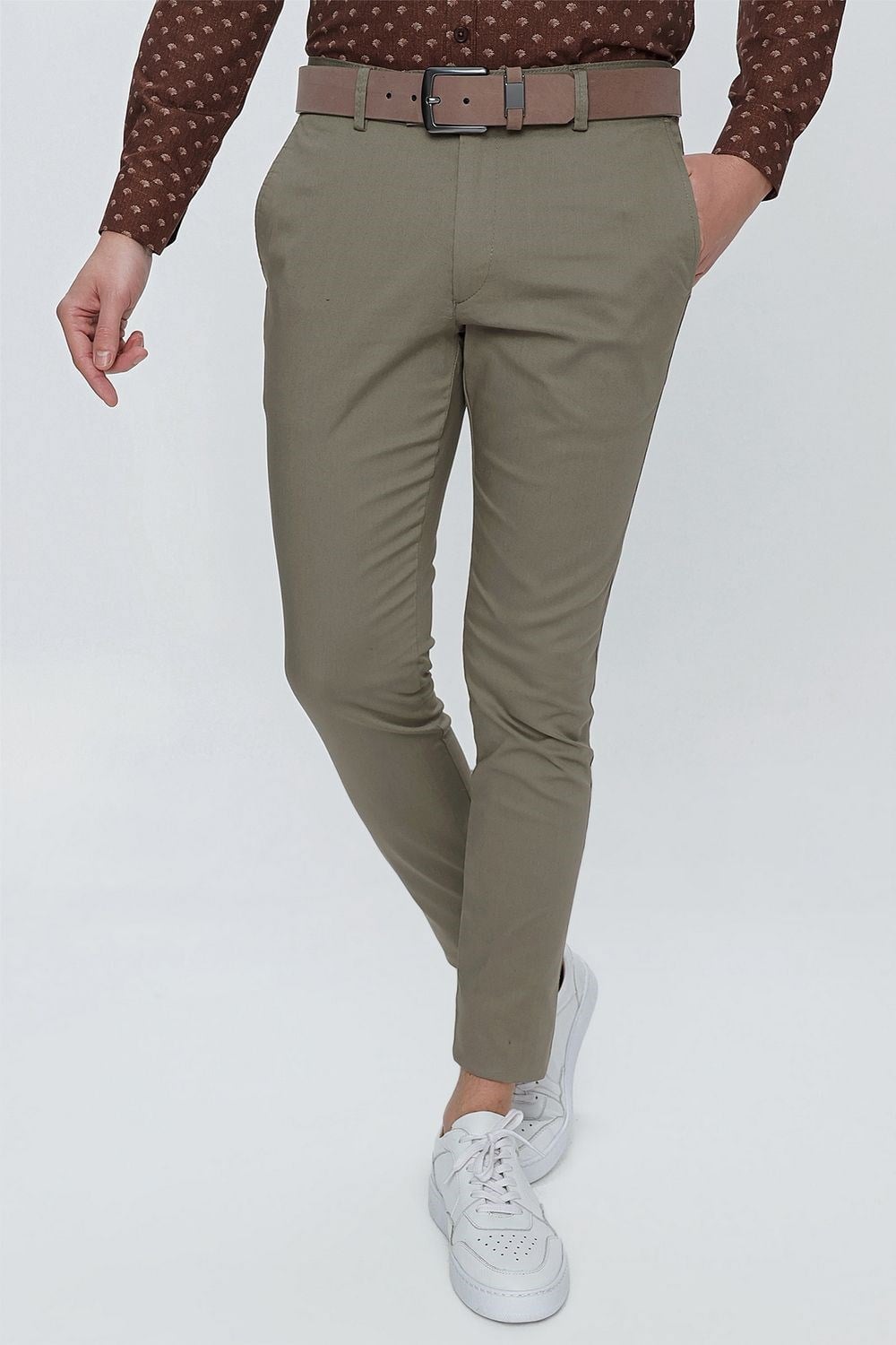 Slim Fit Pilesiz Yan Cepli Esnek %97 Pamuk Haki Chino Pantolon P 1112