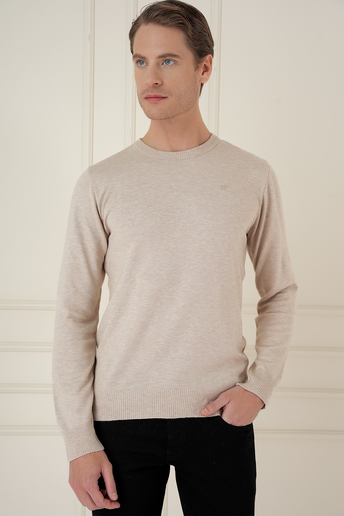 Slim Fit Ribanalı Düz Bej Yünlü Bisiklet Yaka Triko Kazak TR 900
