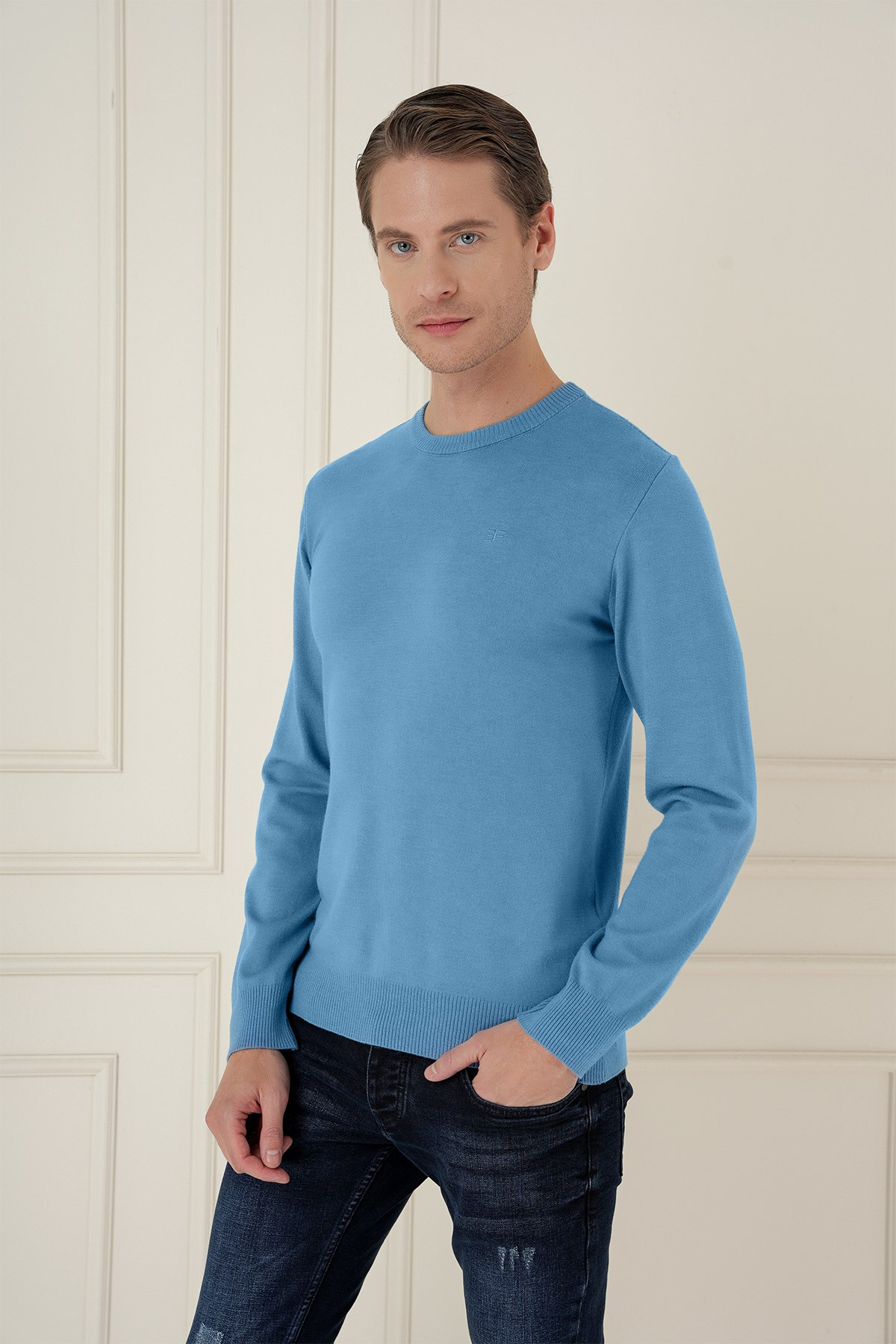Slim Fit Ribanalı Düz Havacı Mavi Yünlü Bisiklet Yaka Triko Kazak TR 900