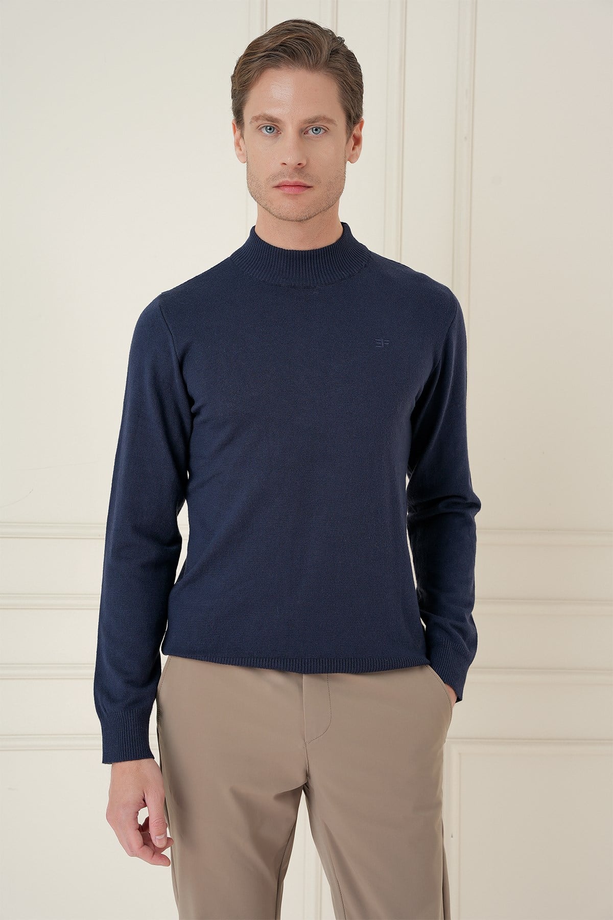 Slim Fit Ribanalı Düz Lacivert Yünlü Yarım Balıkçı Triko Kazak TR 876