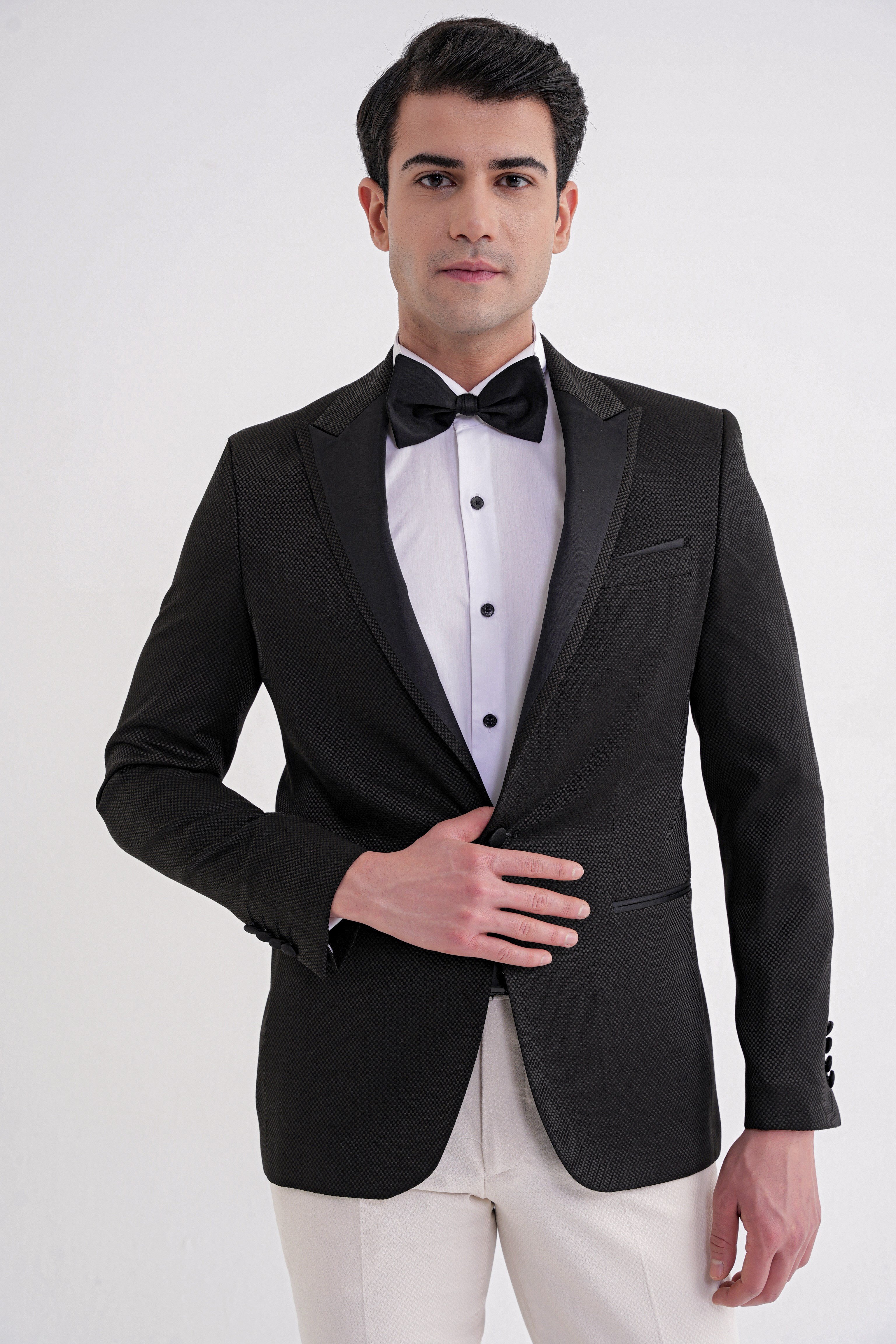 Slim Fit Saten Yaka Çift Yırtmaçlı Tek Düğmeli Siyah Damatlık Smokin Ceket Black 035 