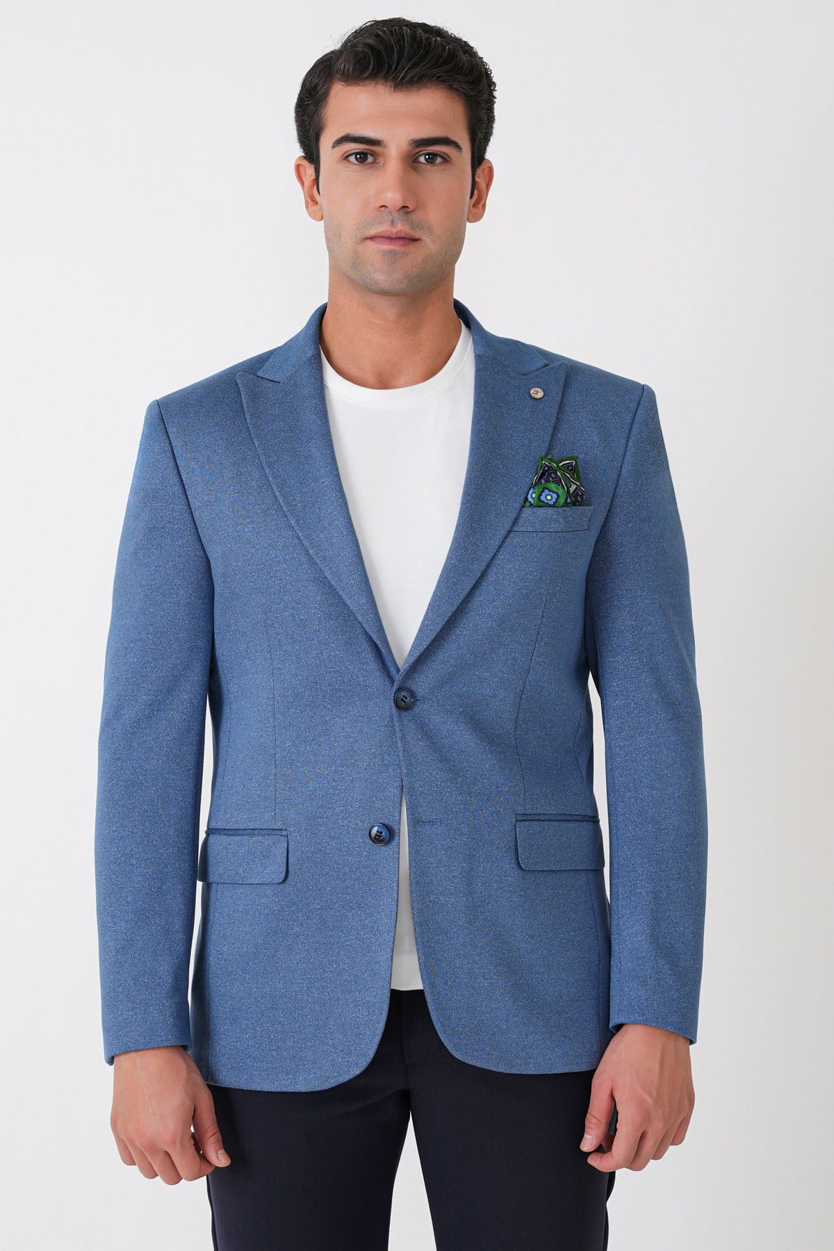 Slim Fit Sivri Yaka Çift Yırtmaçlı Esnek Yünlü İndigo Ceket C 746