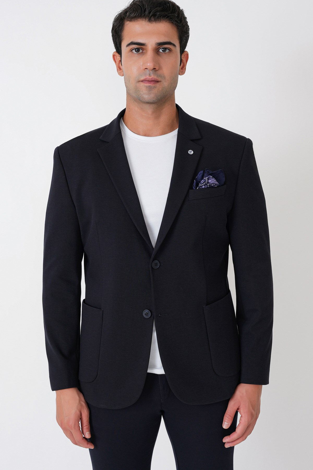 Slim Fit Torba Cep Esnek Tencel Kumaş Lacivert Ceket C 751