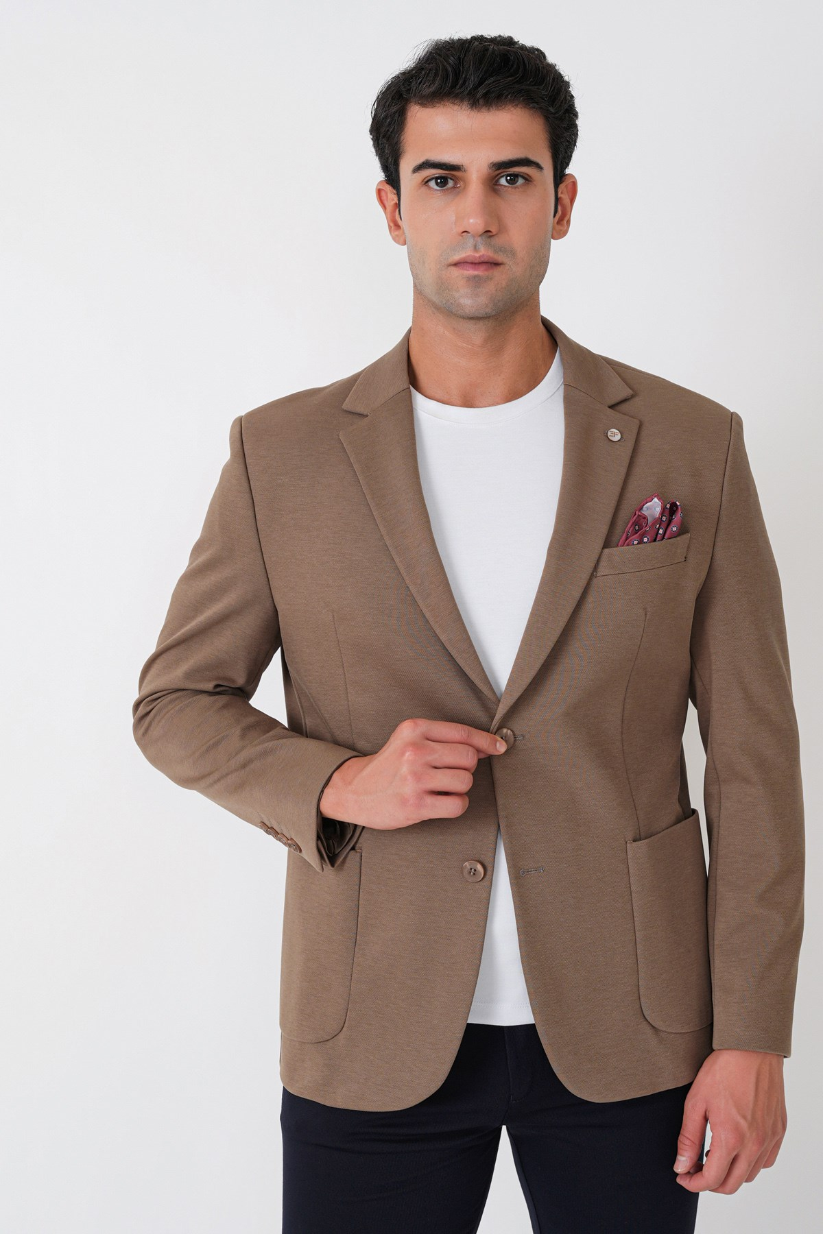 Slim Fit Torba Cep Esnek Tencel Kumaş Bej Ceket C 751