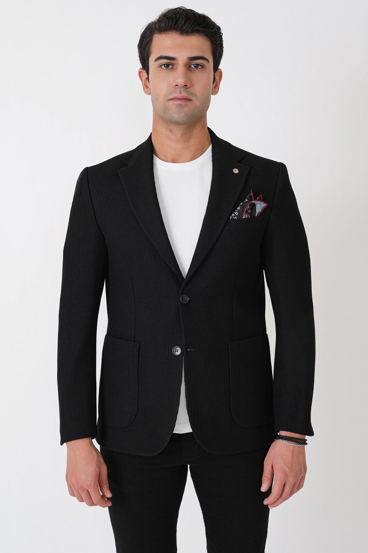 Slim Fit Torba Cepli Fitilli Dokuma Esnek Yünlü Siyah Ceket C 747