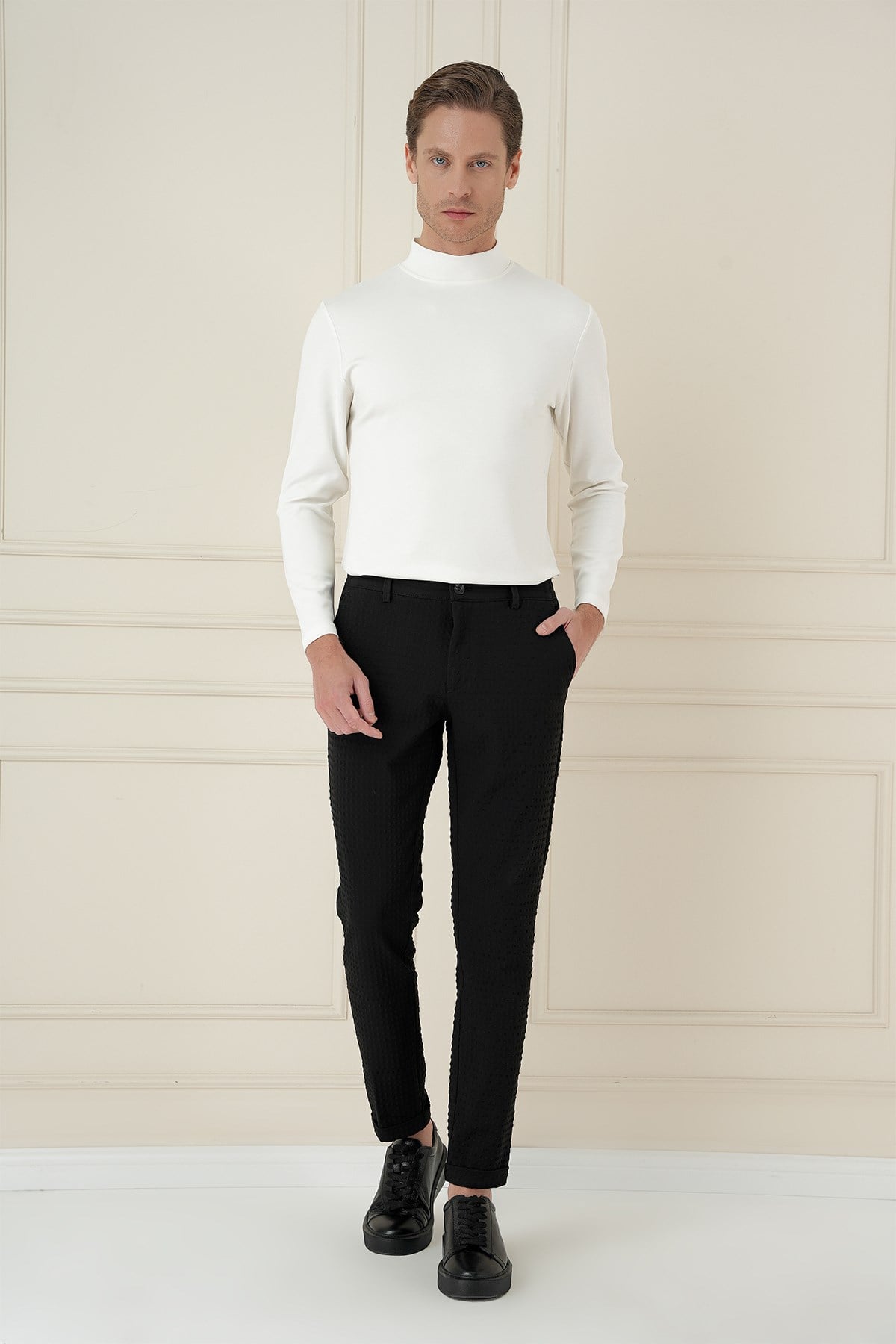 Slim Fit Waffle Kumaş Esnek Pamuk Siyah Pantolon P 1168