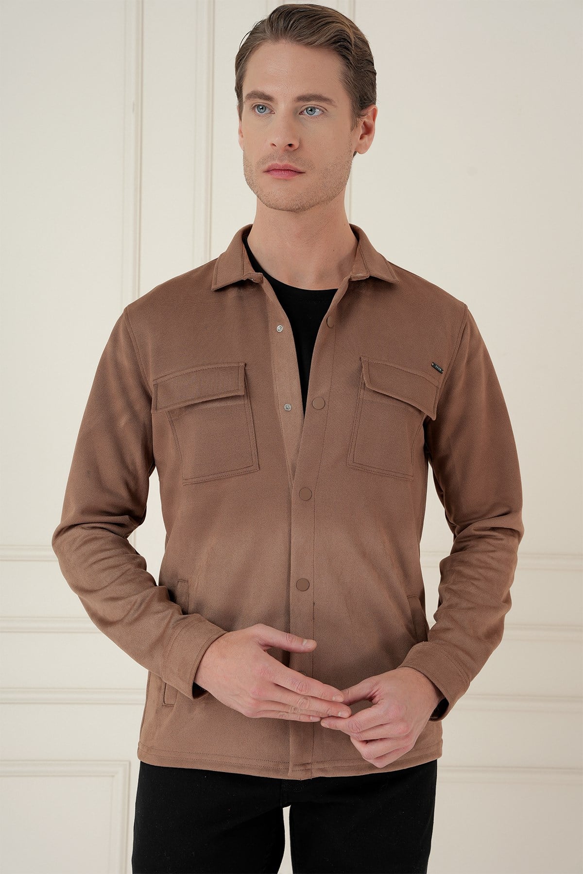 Slim Fit Yan Cep Degrade Desenli Çıtçıtlı Pamuklu Camel Gömlek Ceket G 1578