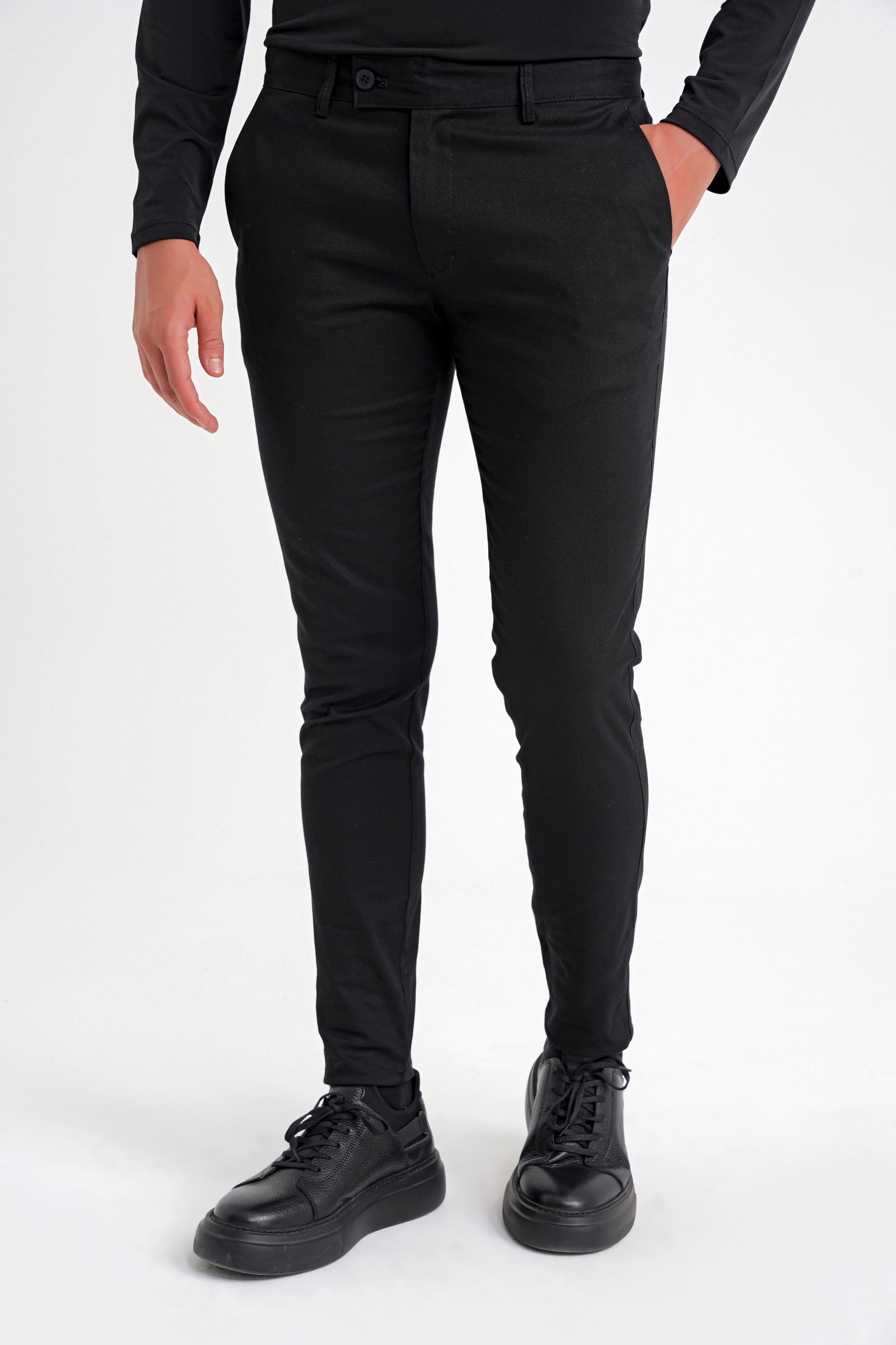 Slim Fit Yan Cep Esnek Pamuklu Siyah Kanvas Pantolon P 1124
