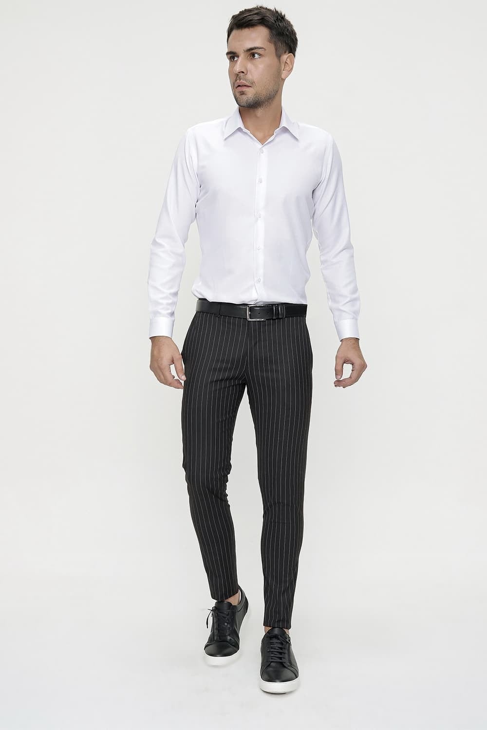 Slim Fit Yan Cep Esnek Yünlü Çizgili Siyah Kumaş Pantolon P 1081
