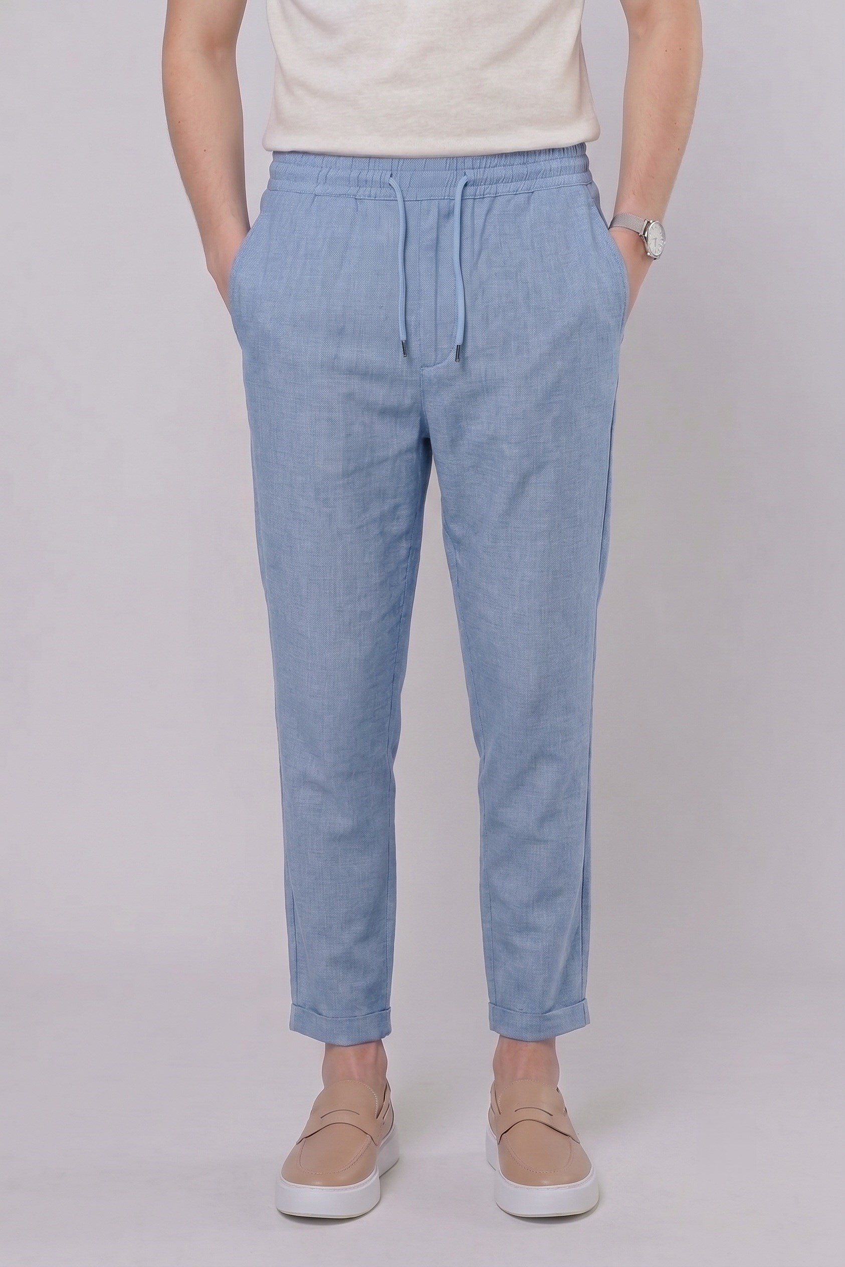 Slim Fit Yan Cepli Beli İpli Keten Mavi Jogger Pantolon ATP 031