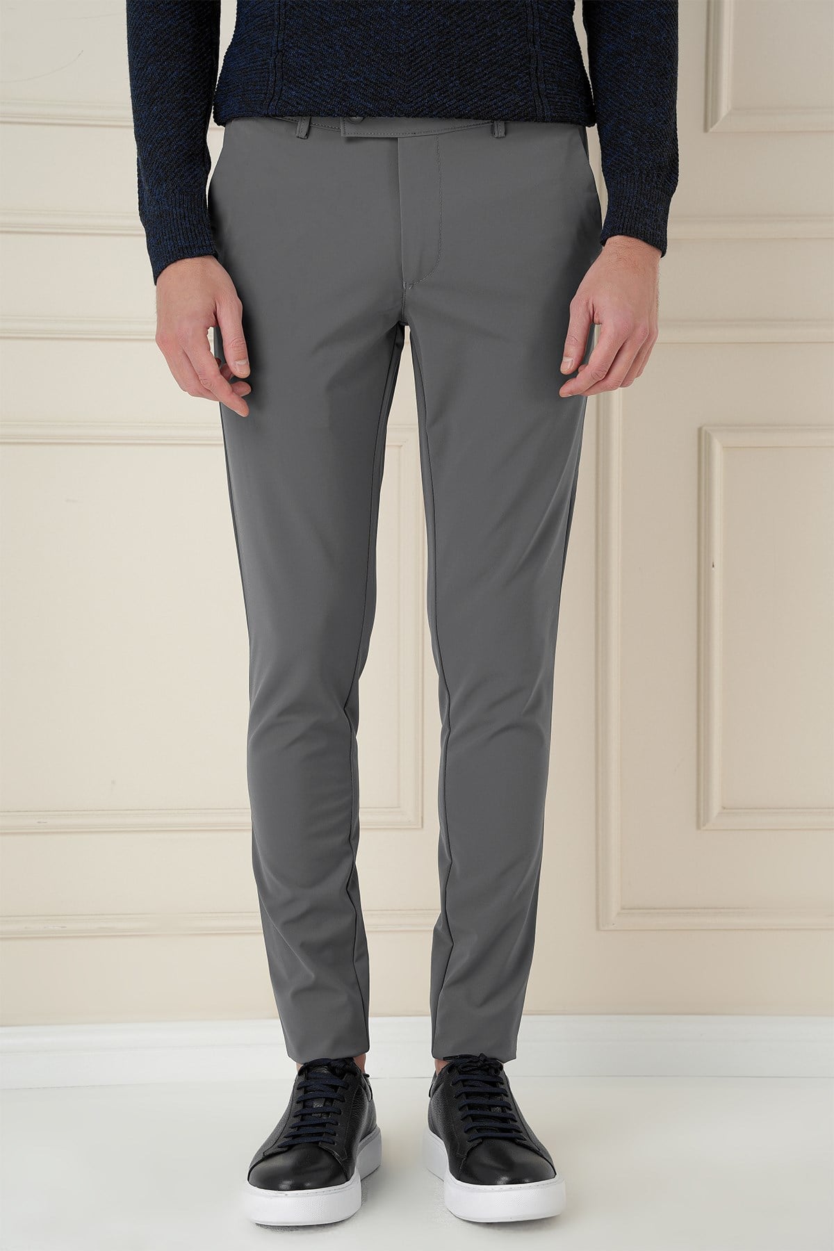 Slim Fit Yan Cepli Düz Esnek Casual Füme Pantolon P 1144