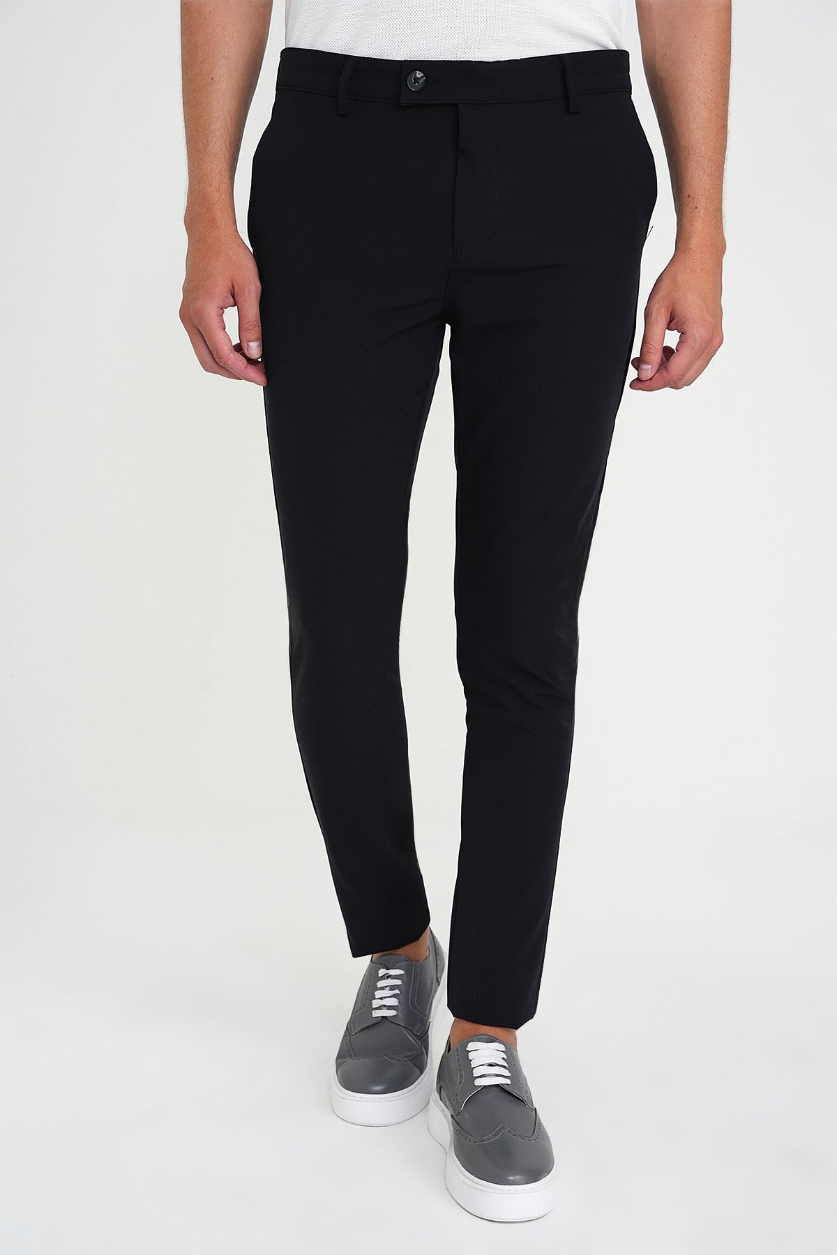 Slim Fit Yan Cepli Esnek Düz Siyah Pamuk Pantolon P 1197