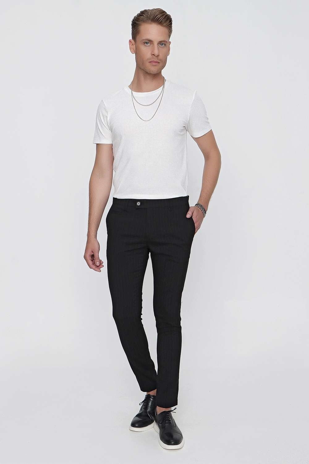 Slim Fit Yan Cepli Esnek Yünlü Çizgili Siyah Kumaş Pantolon P 1096