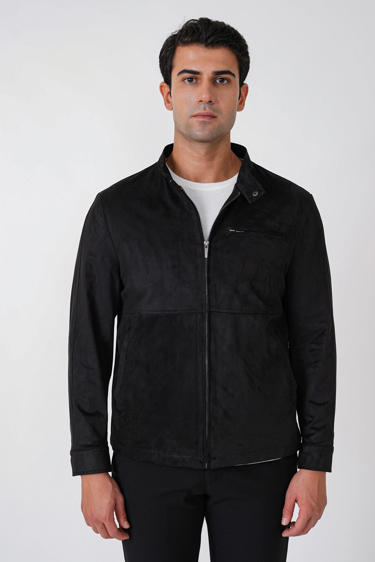 Slim Fit Yan Cepli Hakim Yaka Siyah Süet Mont MT 187
