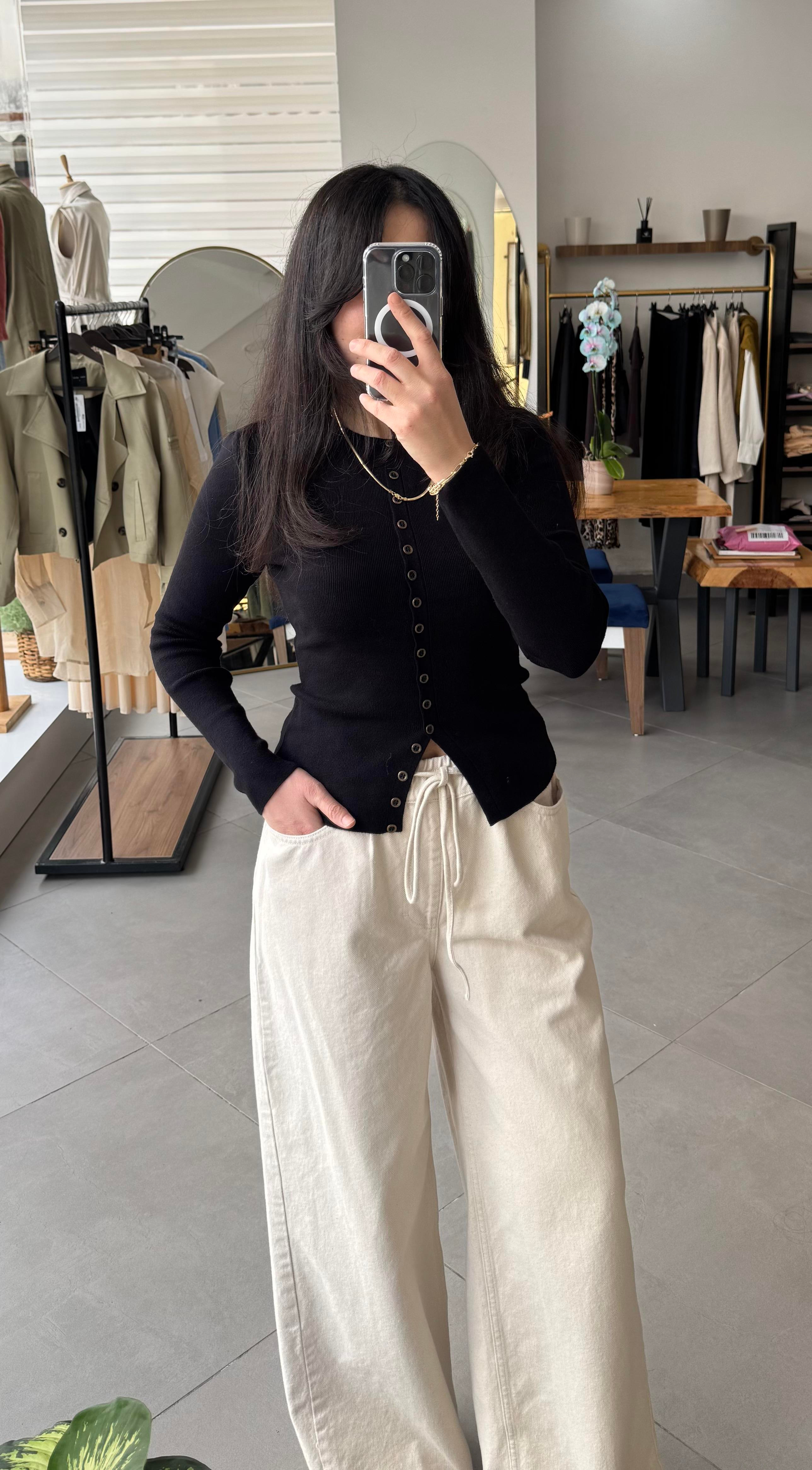 Bol Kesim Bel Bağlamalı Ekru Denim Pantolon