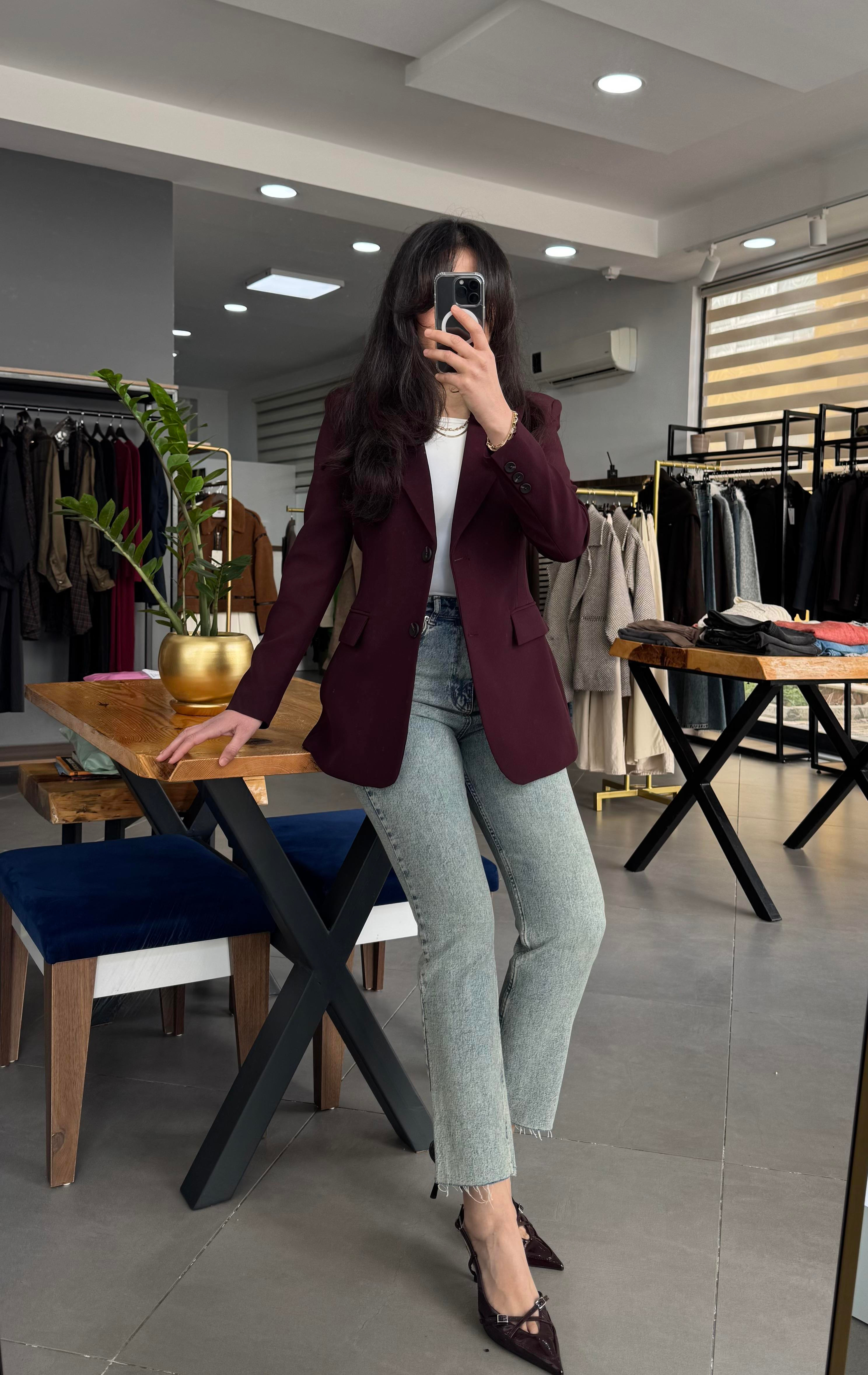 Bordo Belden Oturtmalı Astarlı Blazer Ceket