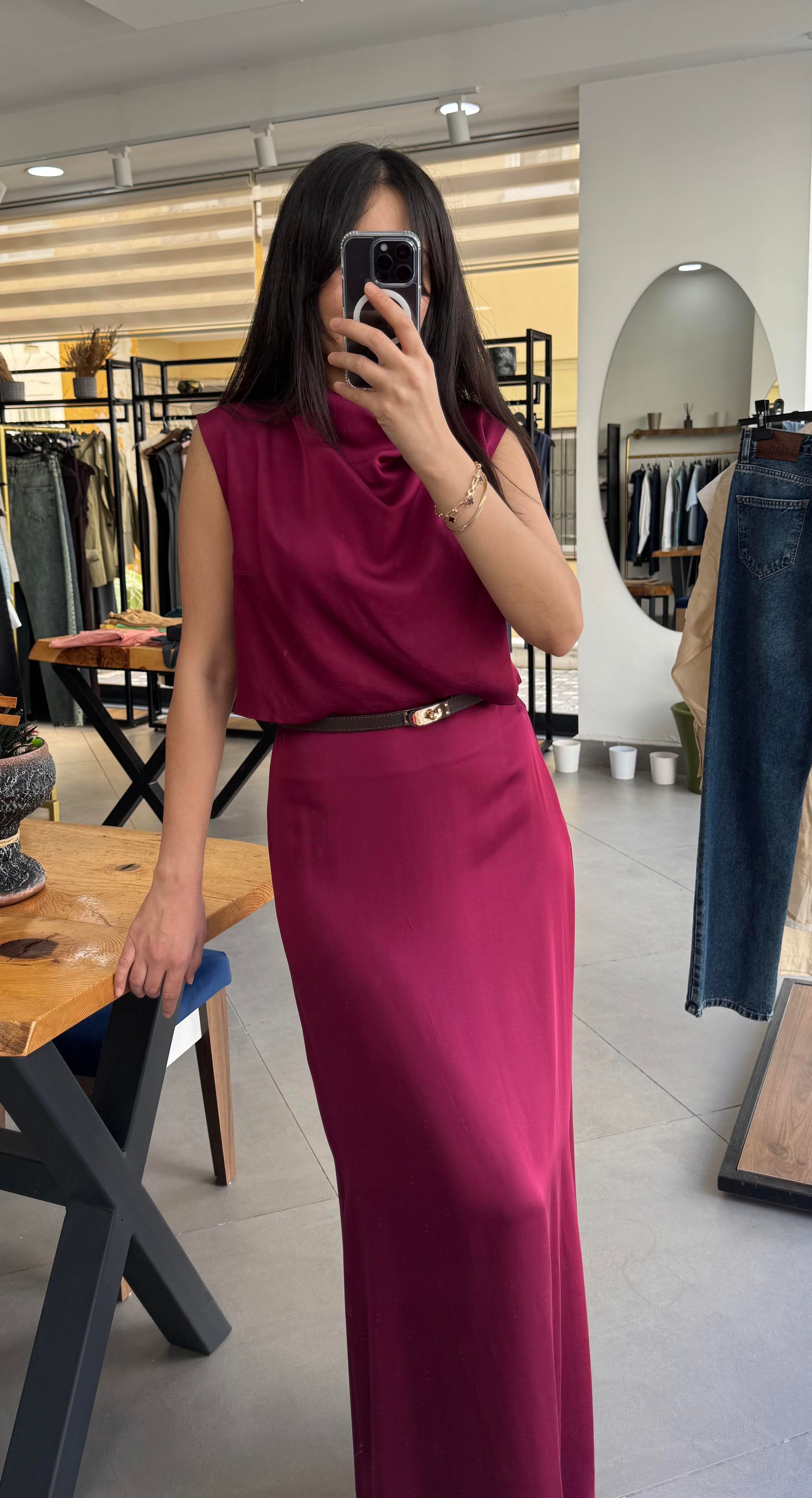 Degaje Yakalı Bordo Saten Bluz
