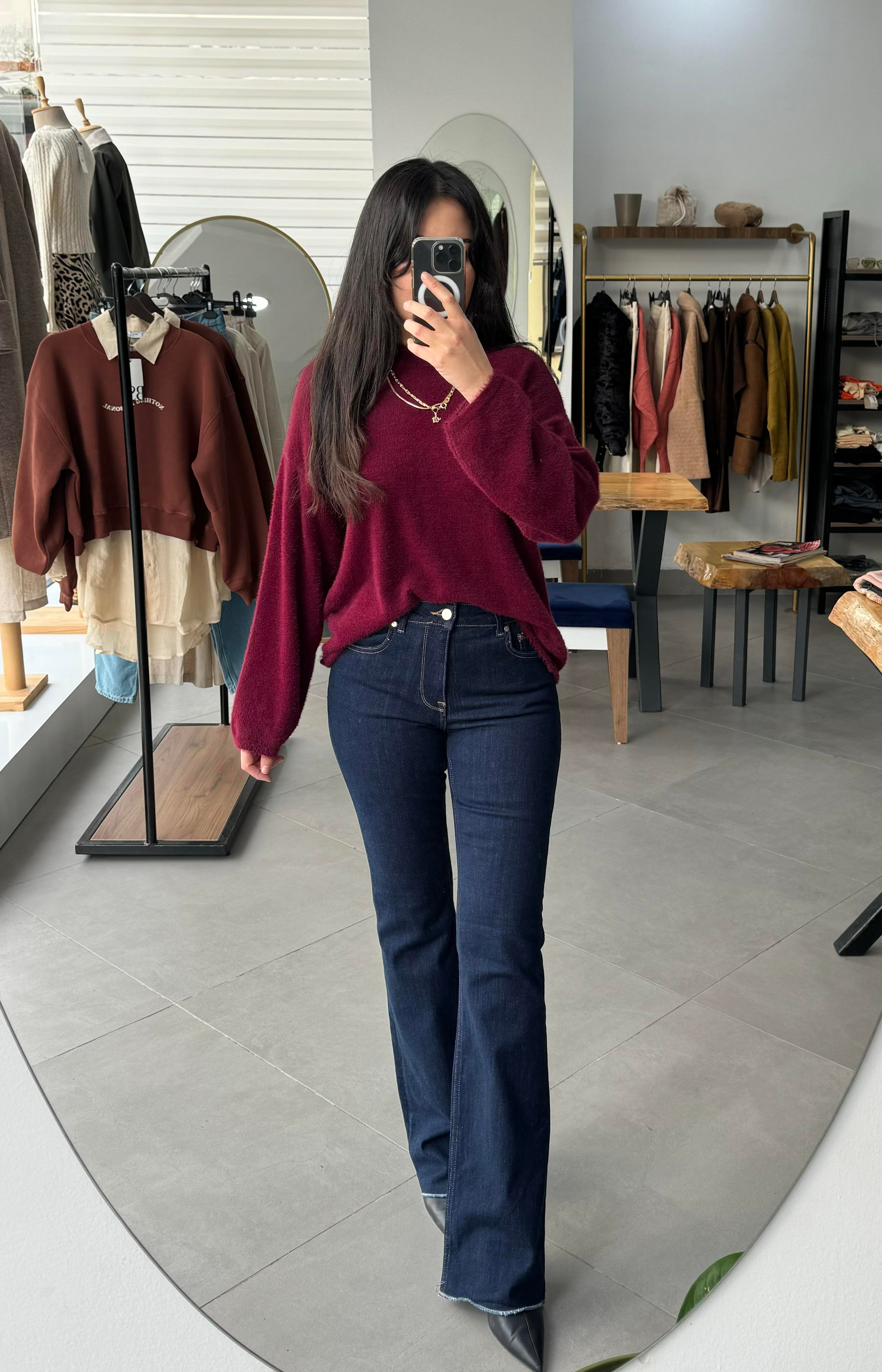 Dik Yaka Bordo Peluş Kazak
