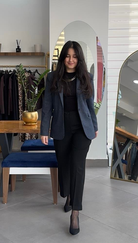Ekose Desen Astarlı Cepli Lacivert Blazer Ceket