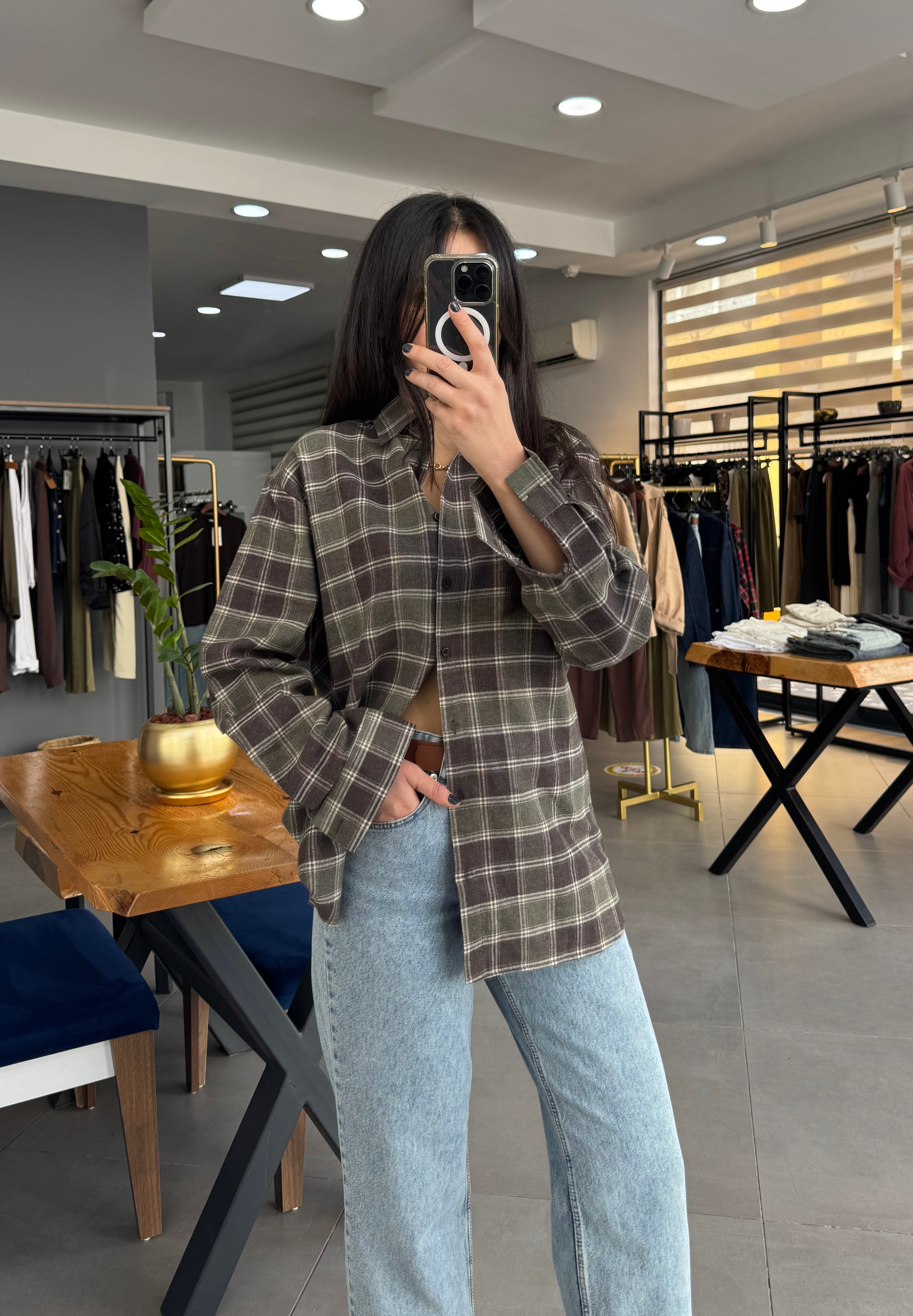 Ekoseli Oversize Haki Gömlek
