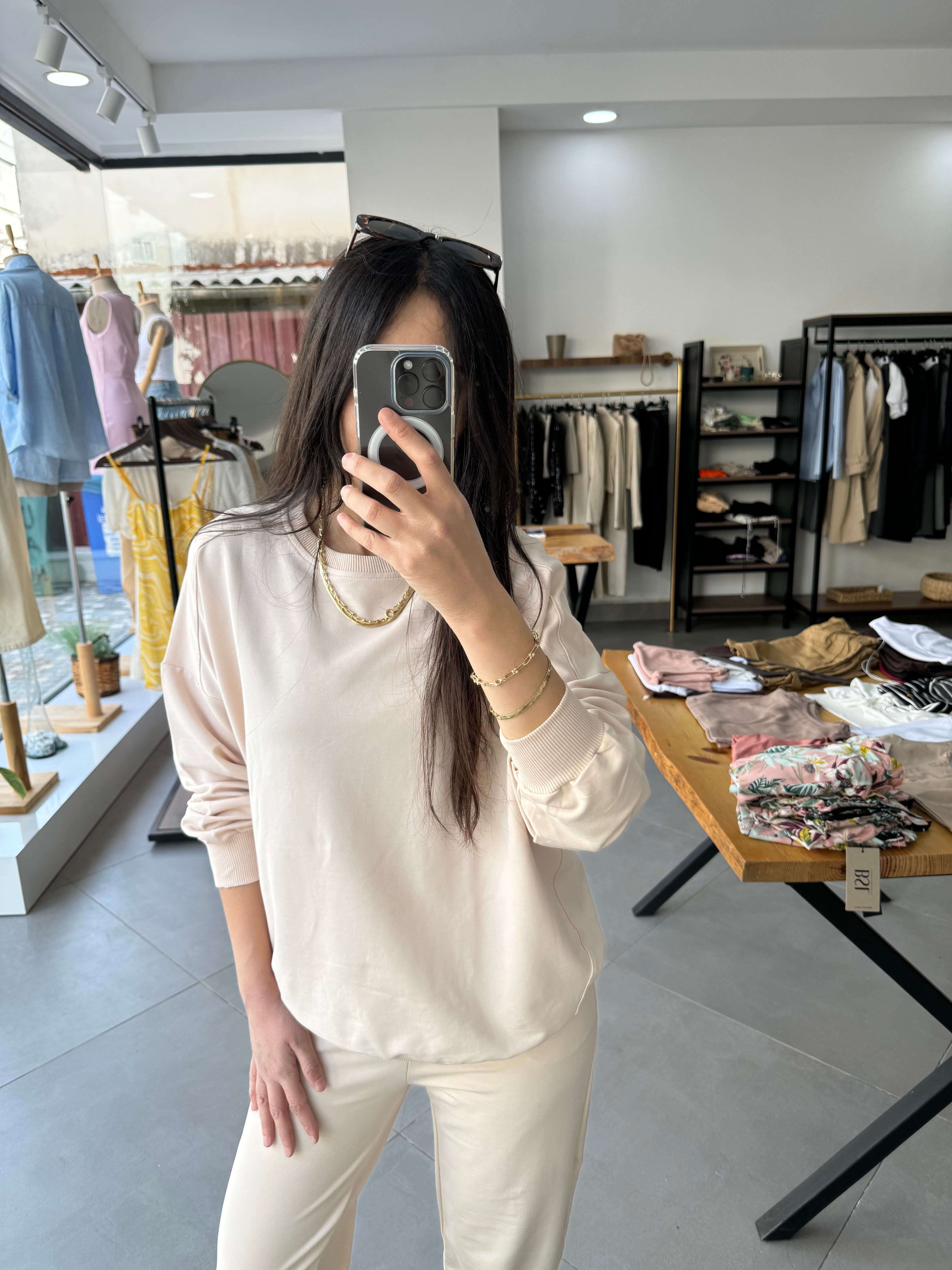 İki İplik Oversize Ekru Sweat Takım