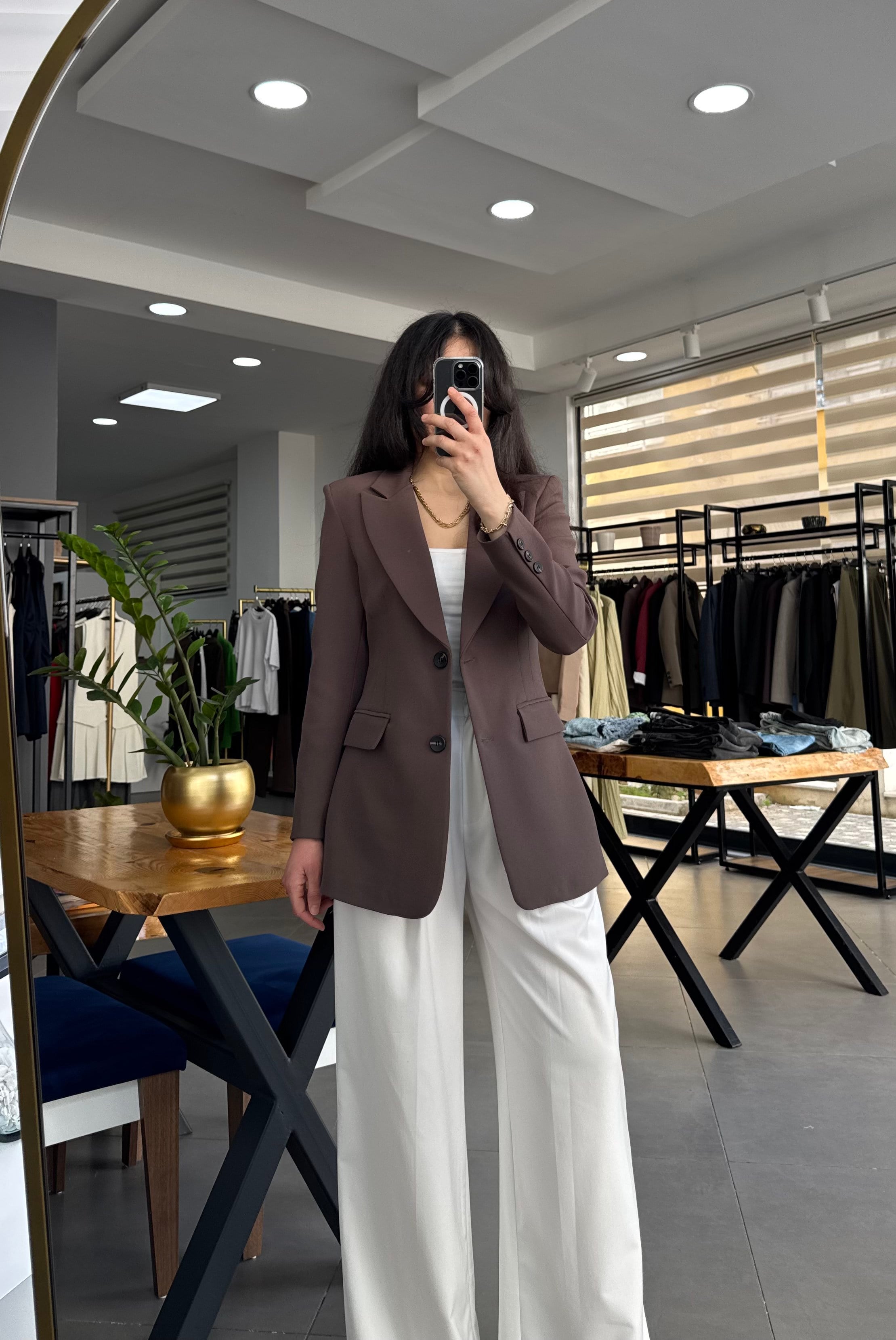 Kahve Belden Oturtmalı Astarlı Blazer Ceket