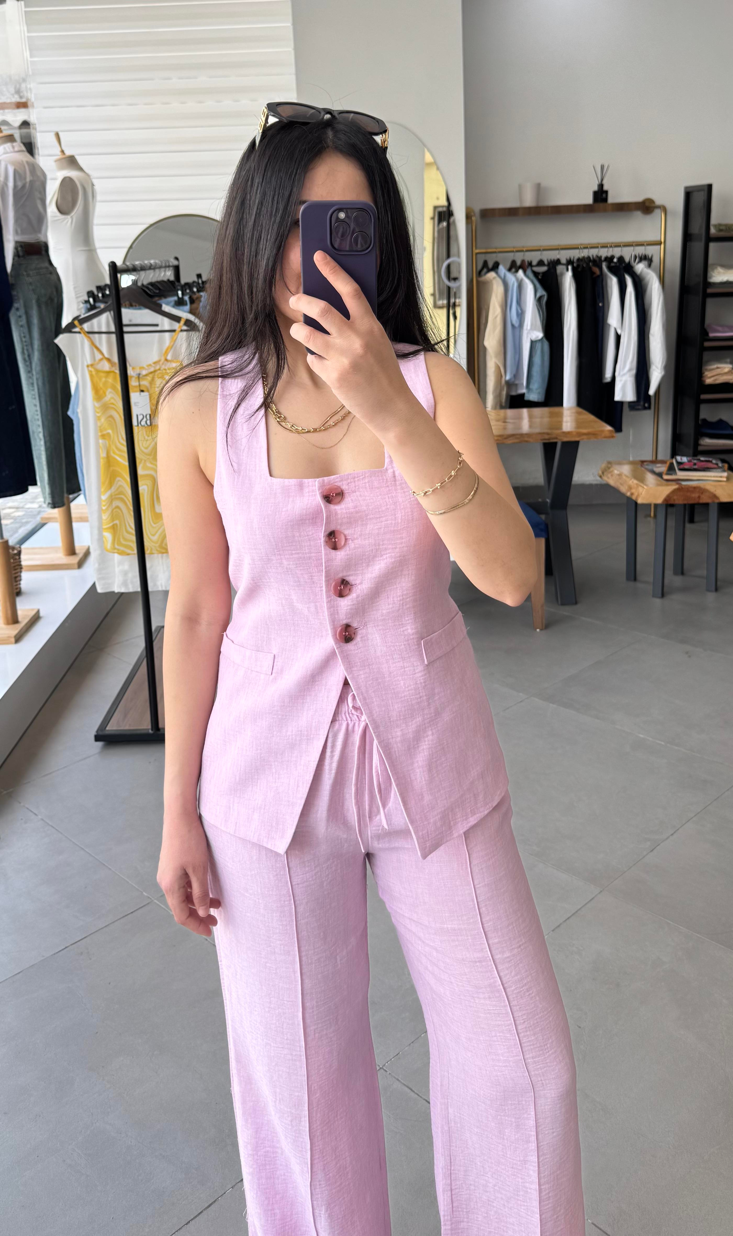 Kare Yaka Yelek Palazzo Pembe Takım