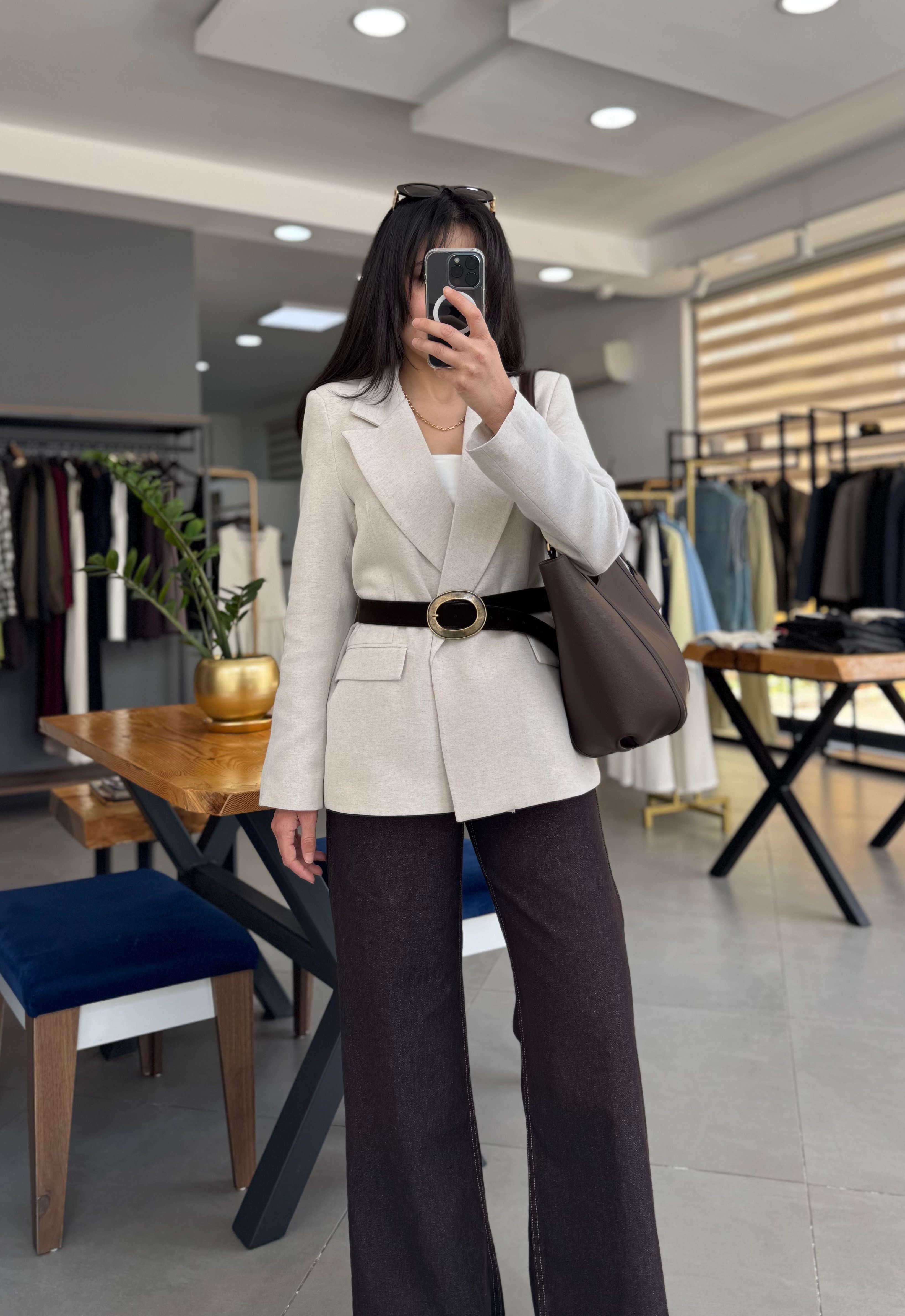 Kemerli Keten Çizgili Astarlı Taş Blazer Ceket