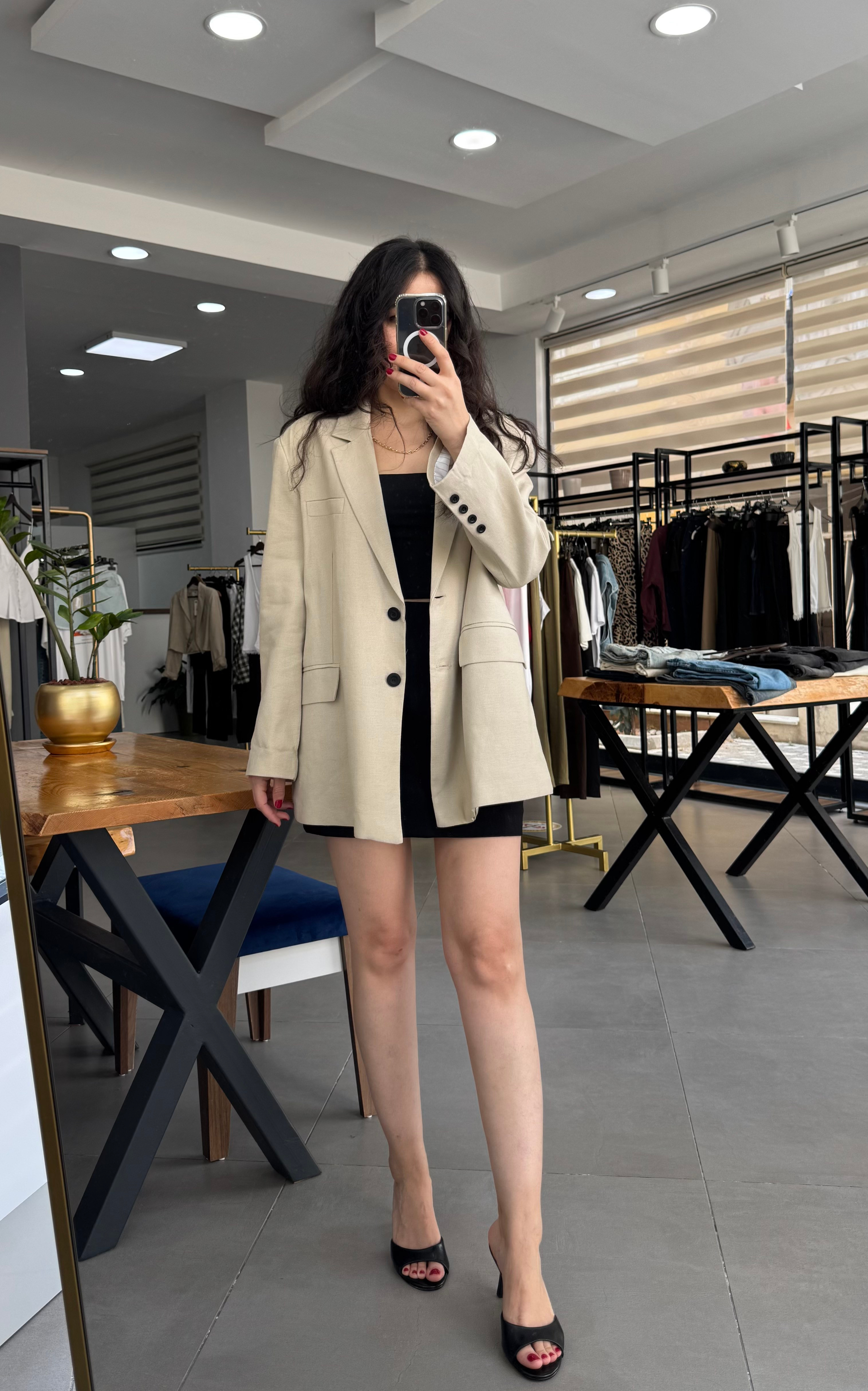 Keten Oversize Taş Blazer Ceket