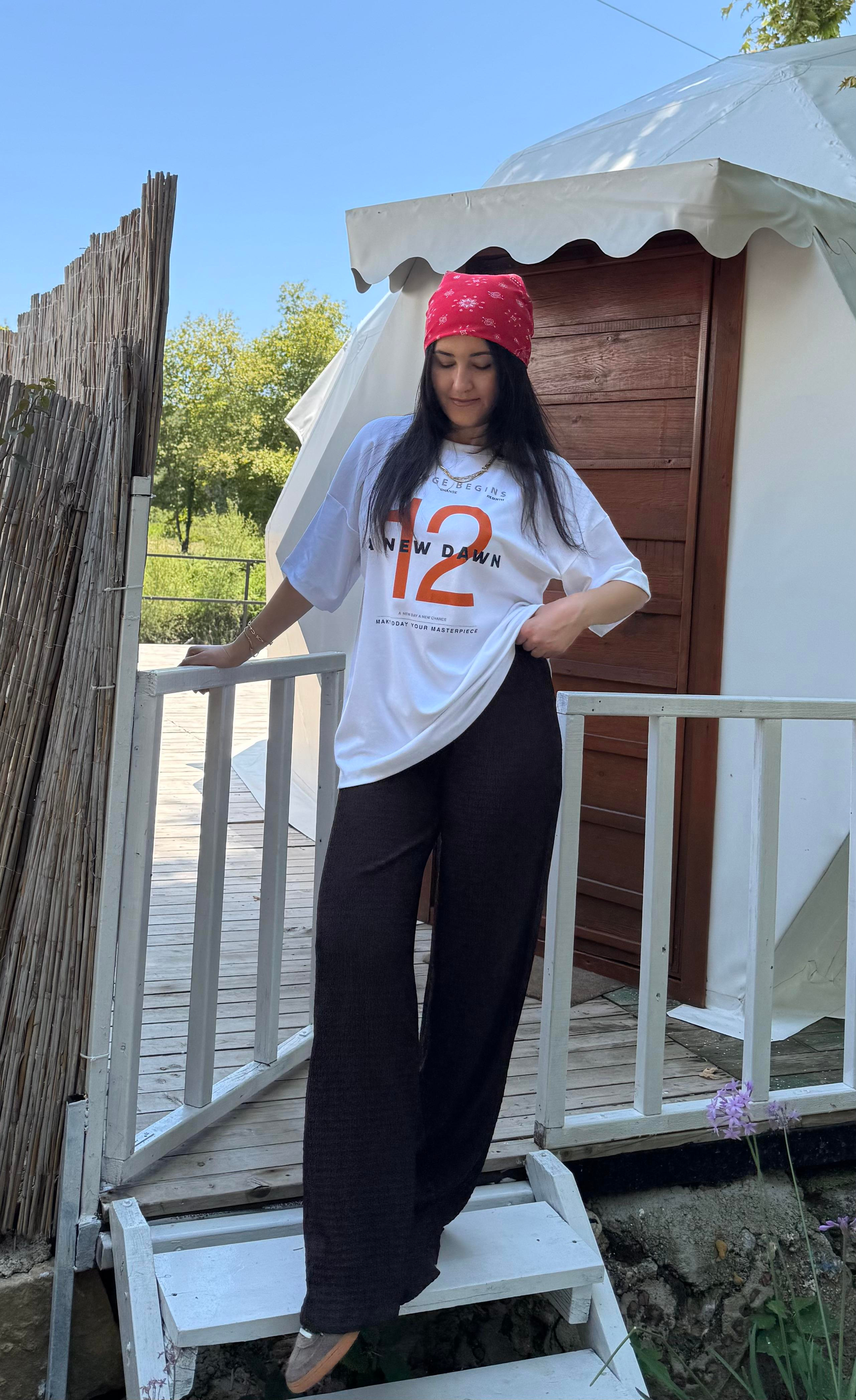 Oversize Baskılı Beyaz Tişört