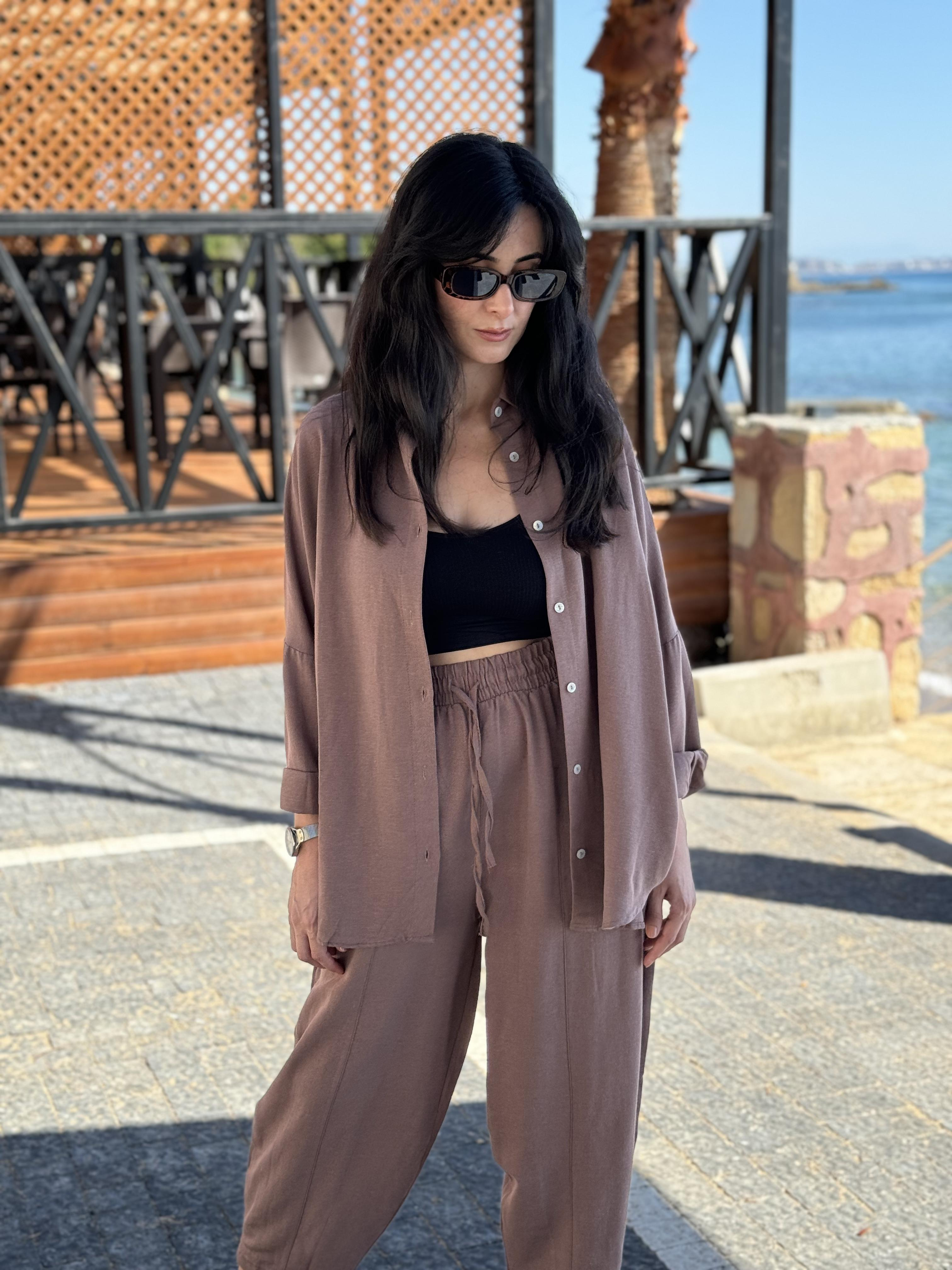Oversize Gömlek Havuç Kesim Pantolon Vizon Takım
