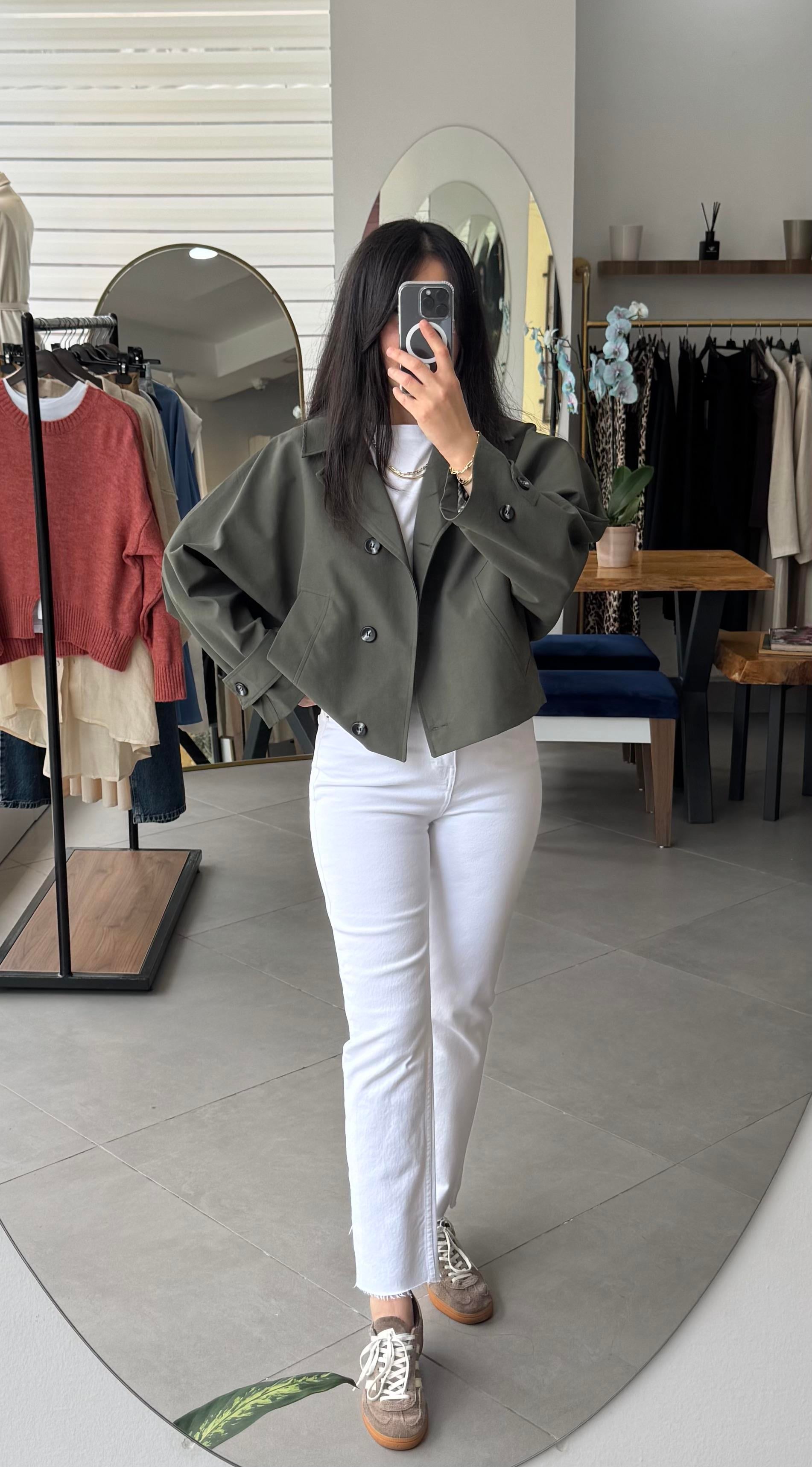 Oversize Yarasa Kol Ekose Astarlı Haki Trençkot
