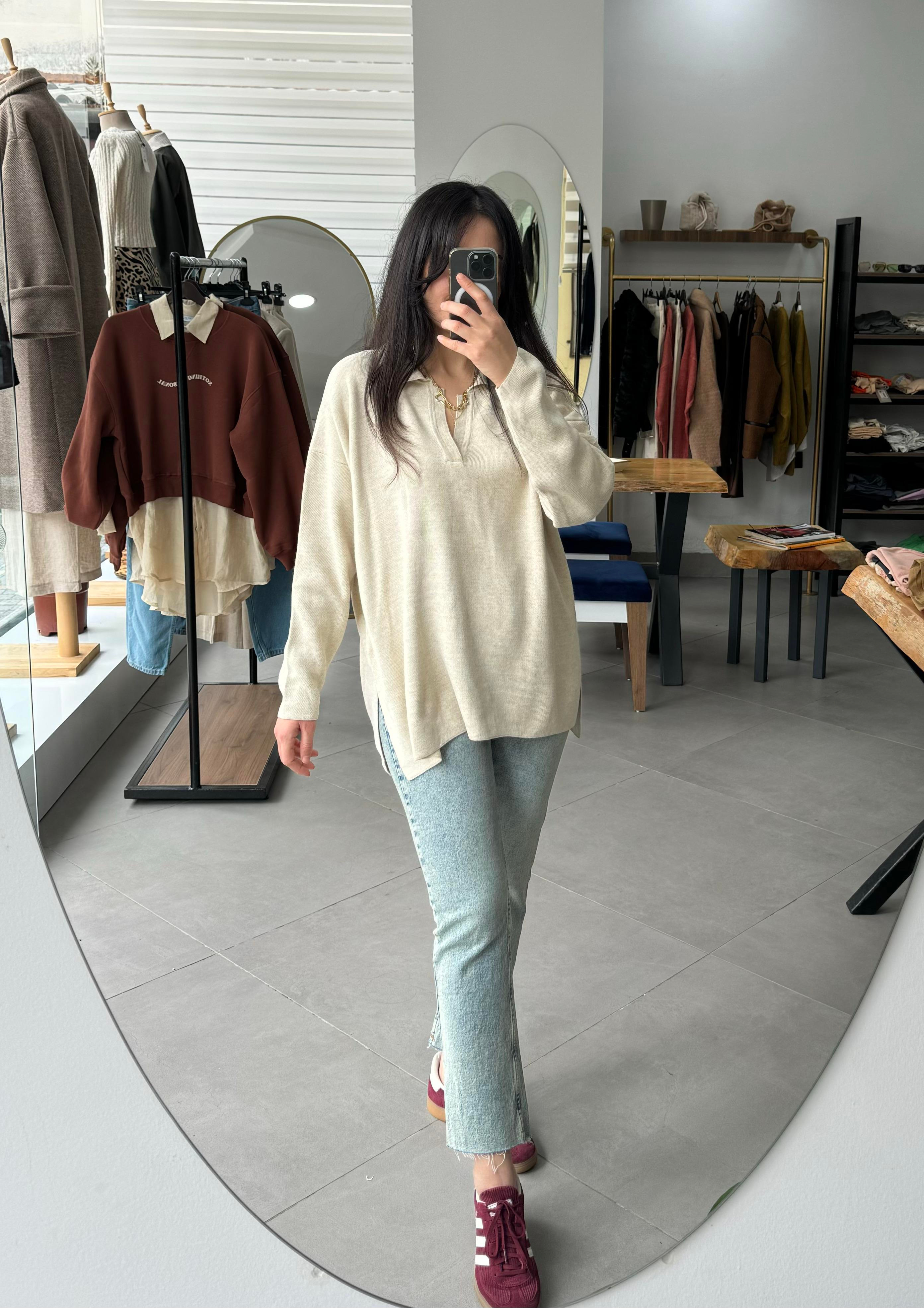 Polo Yaka Oversize Ekru Triko Kazak