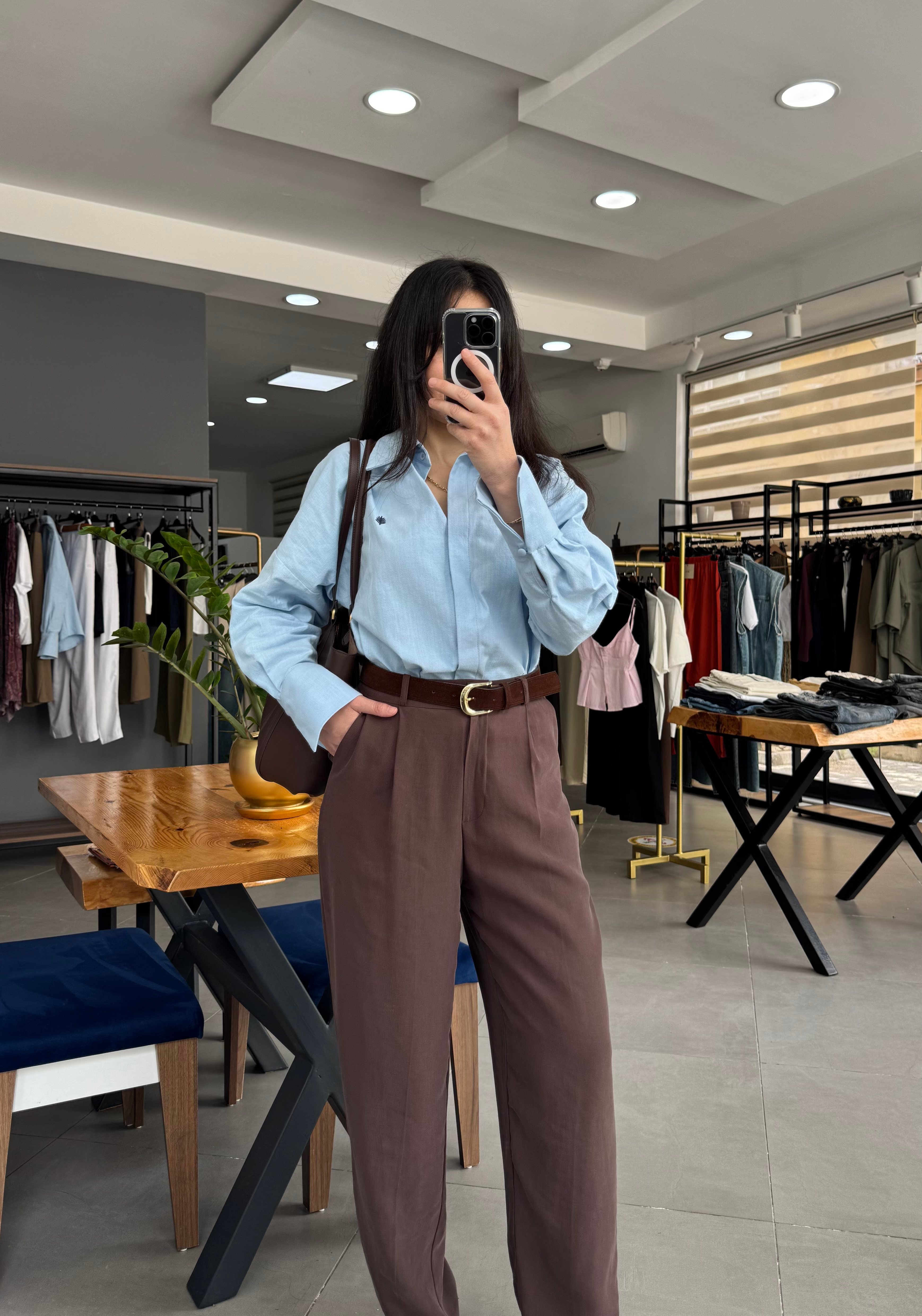 Süet Kemerli Tok Tencel Kahve Pantolon