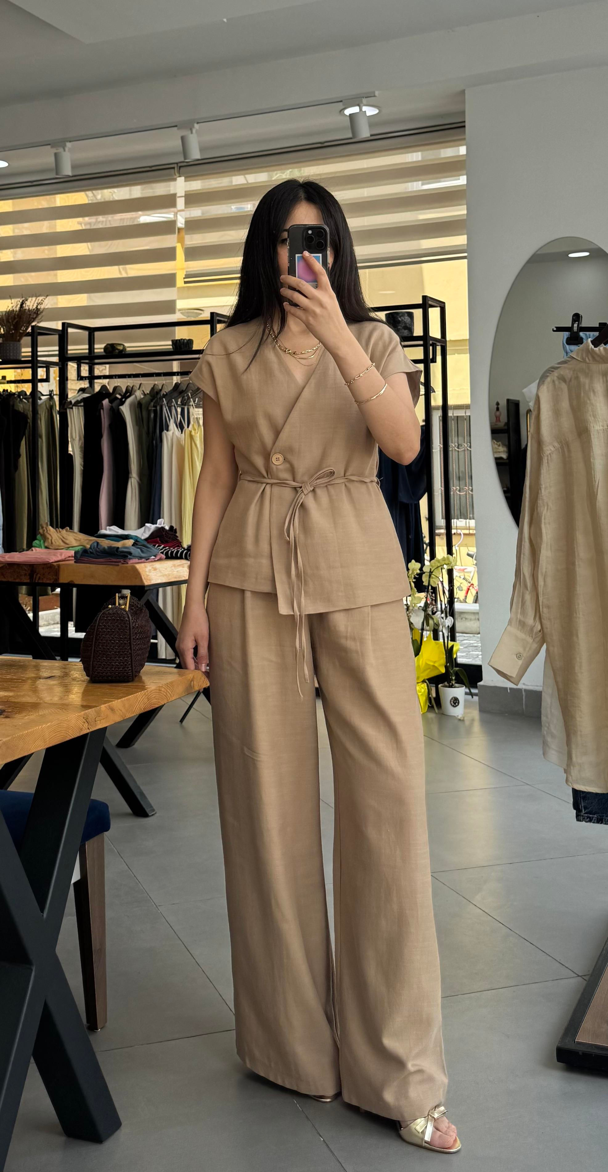 Yüksel Bel Palazzo Keten Camel Pantolon