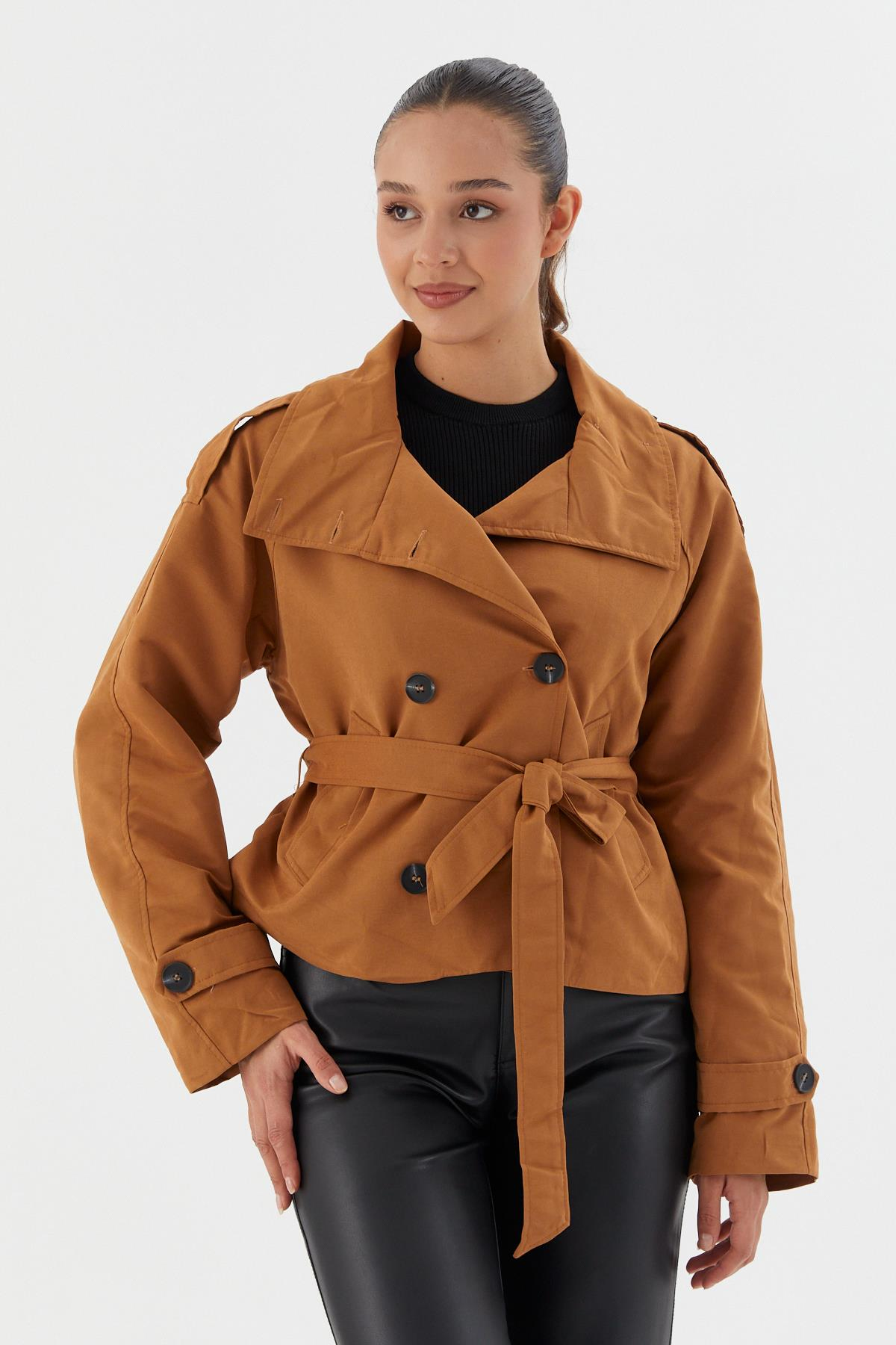 Beli Kuşaklı Crop Trençkot KAHVE