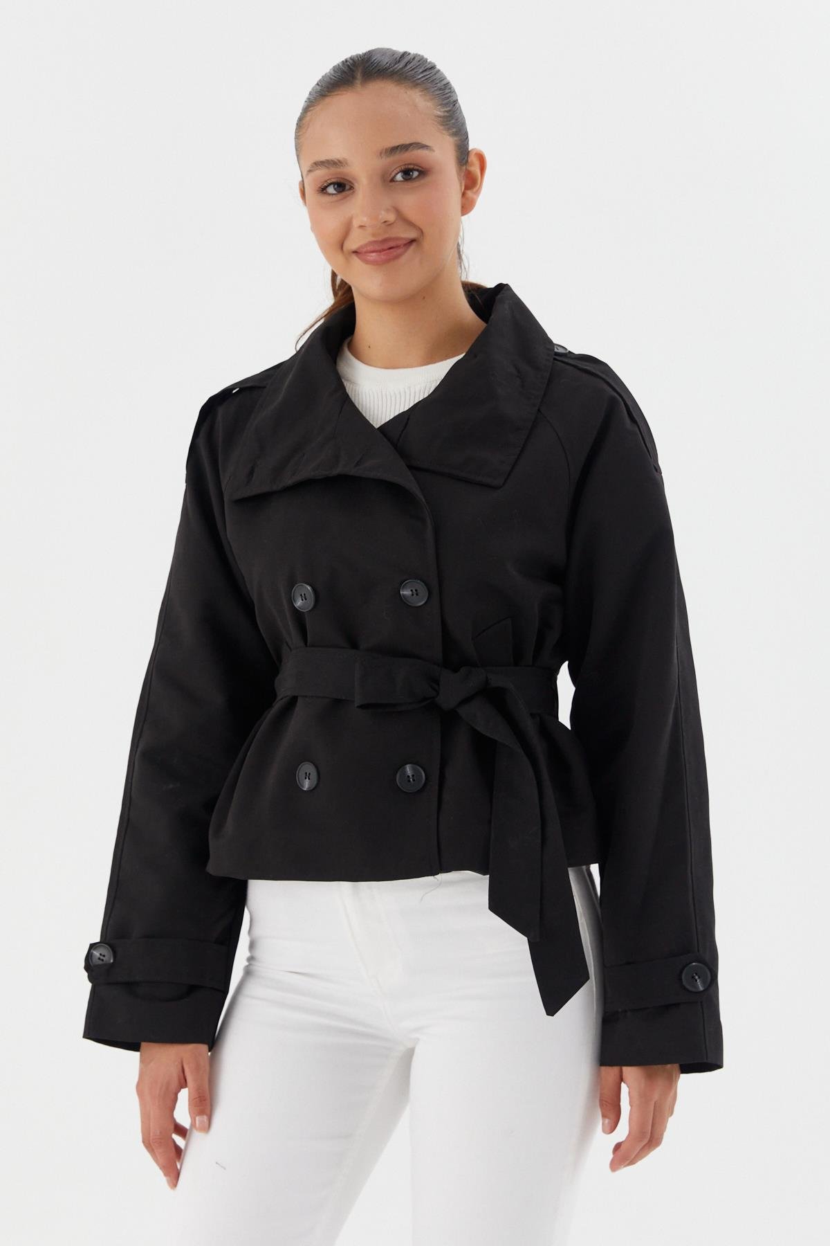 Beli Kuşaklı Crop Trençkot SIYAH