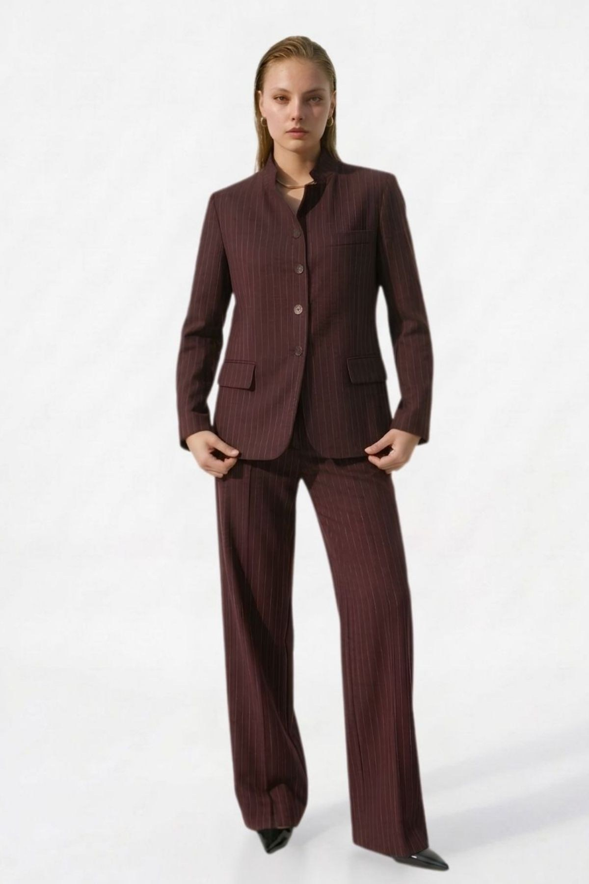 Çizgili Ceket Pantolon Takım BORDO
