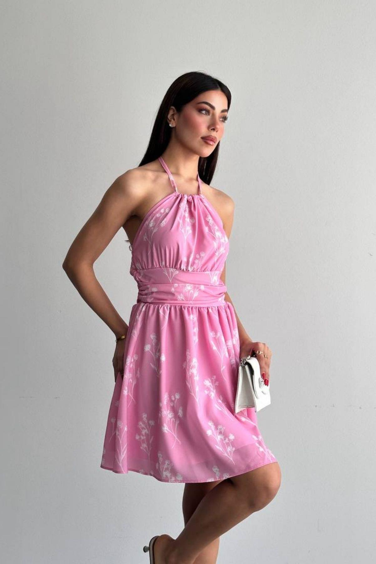 Desenli Kısa Elbise PEMBE
