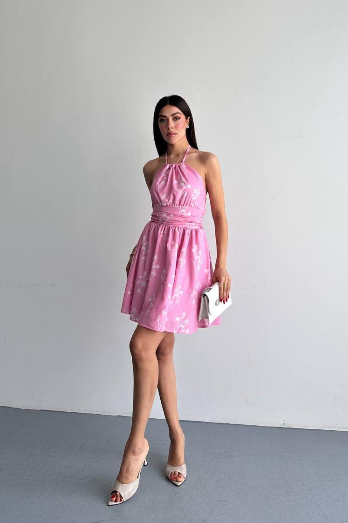 Desenli Kısa Elbise PEMBE