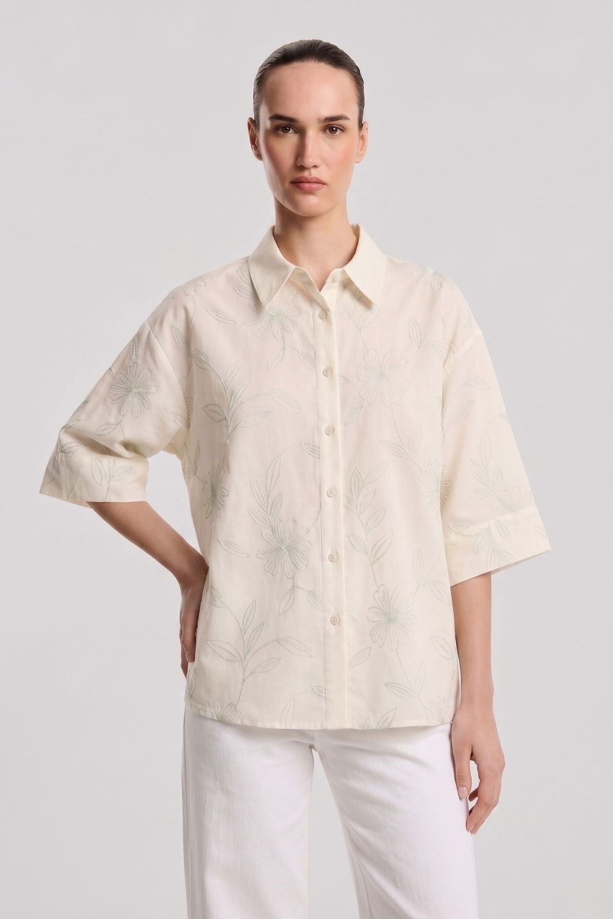 Desenli Oversize Gömlek NATURAL