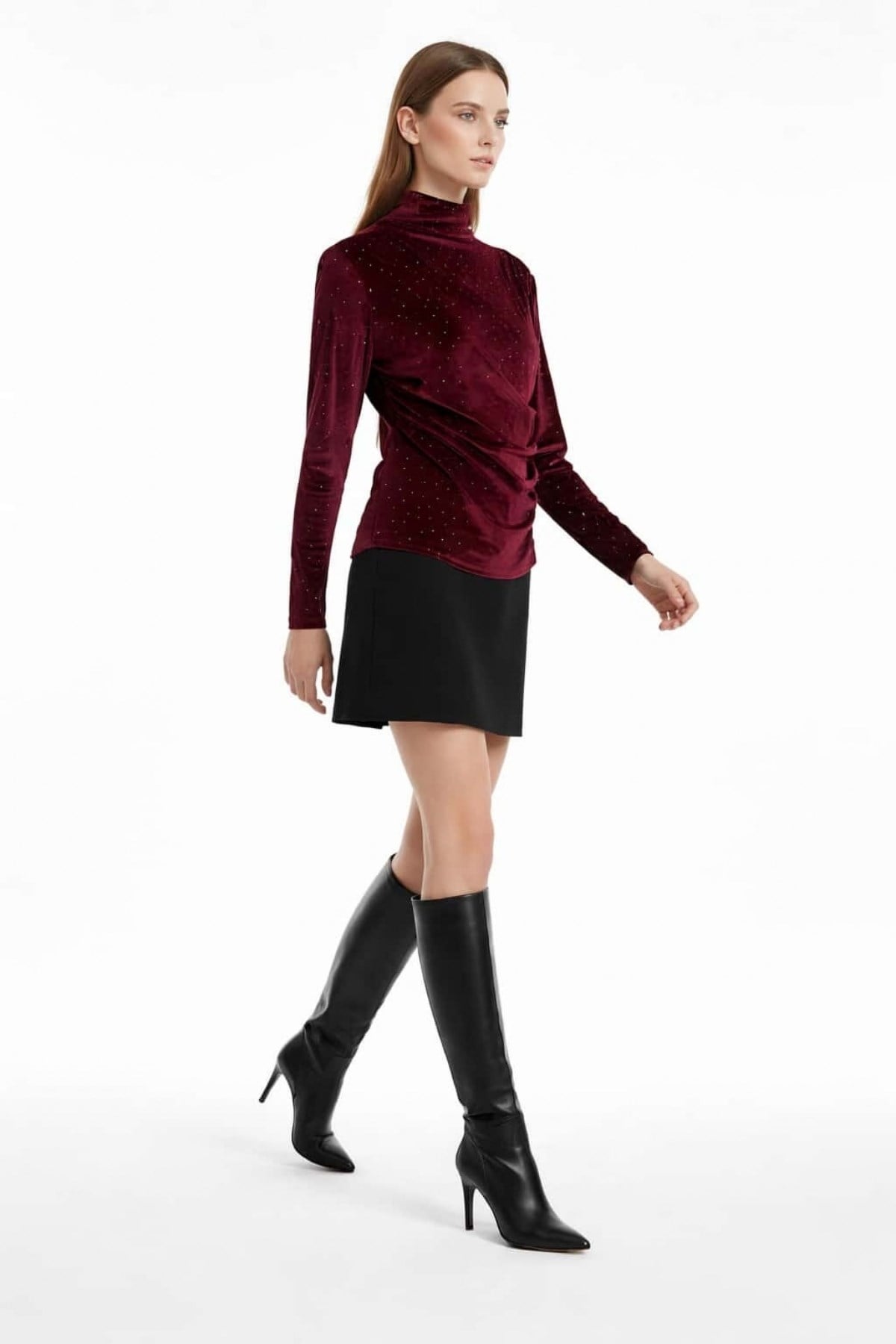 Drape Yaka Taşlı Kadife Bluz BORDO