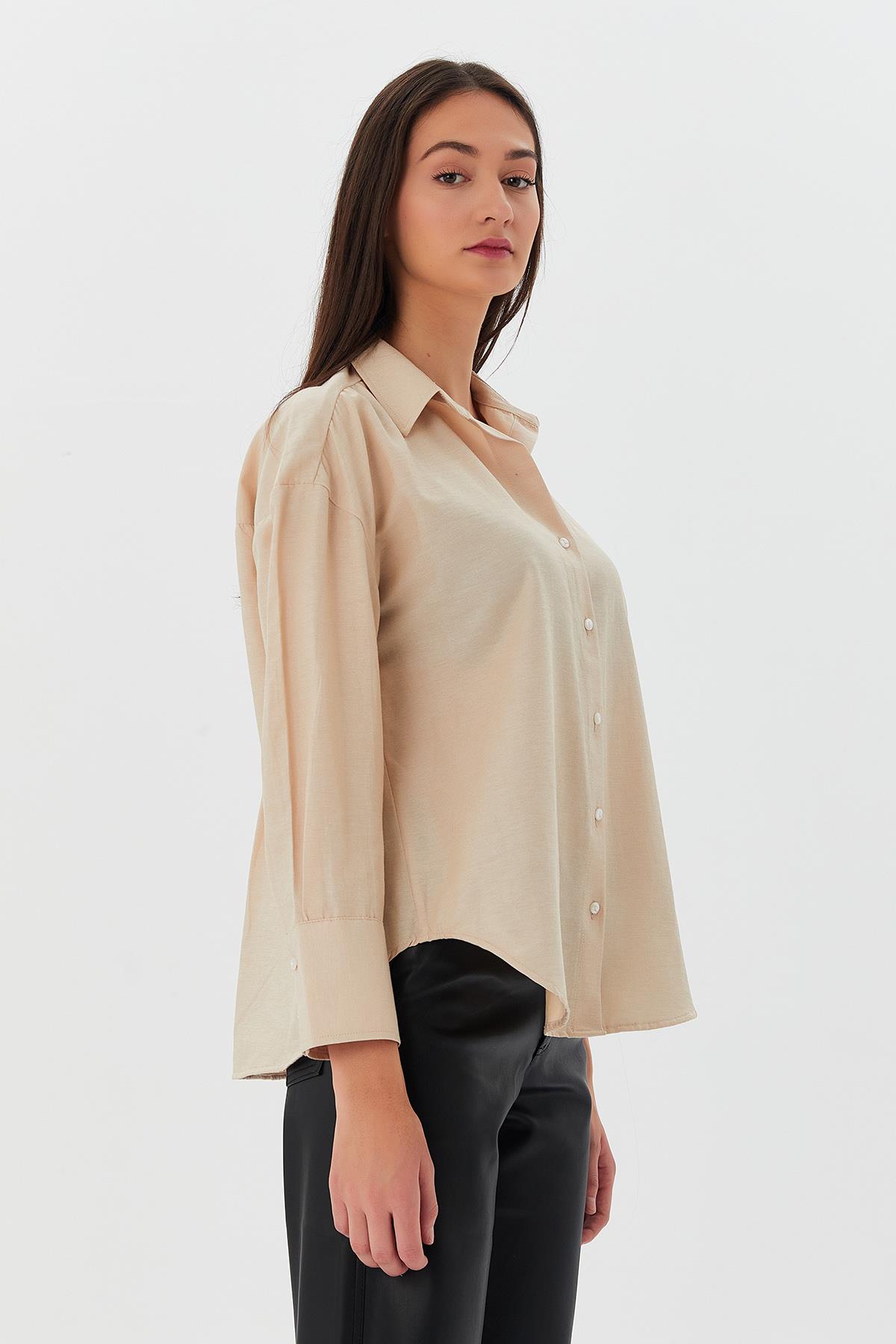 Düğmeli Basic Gömlek BEJ