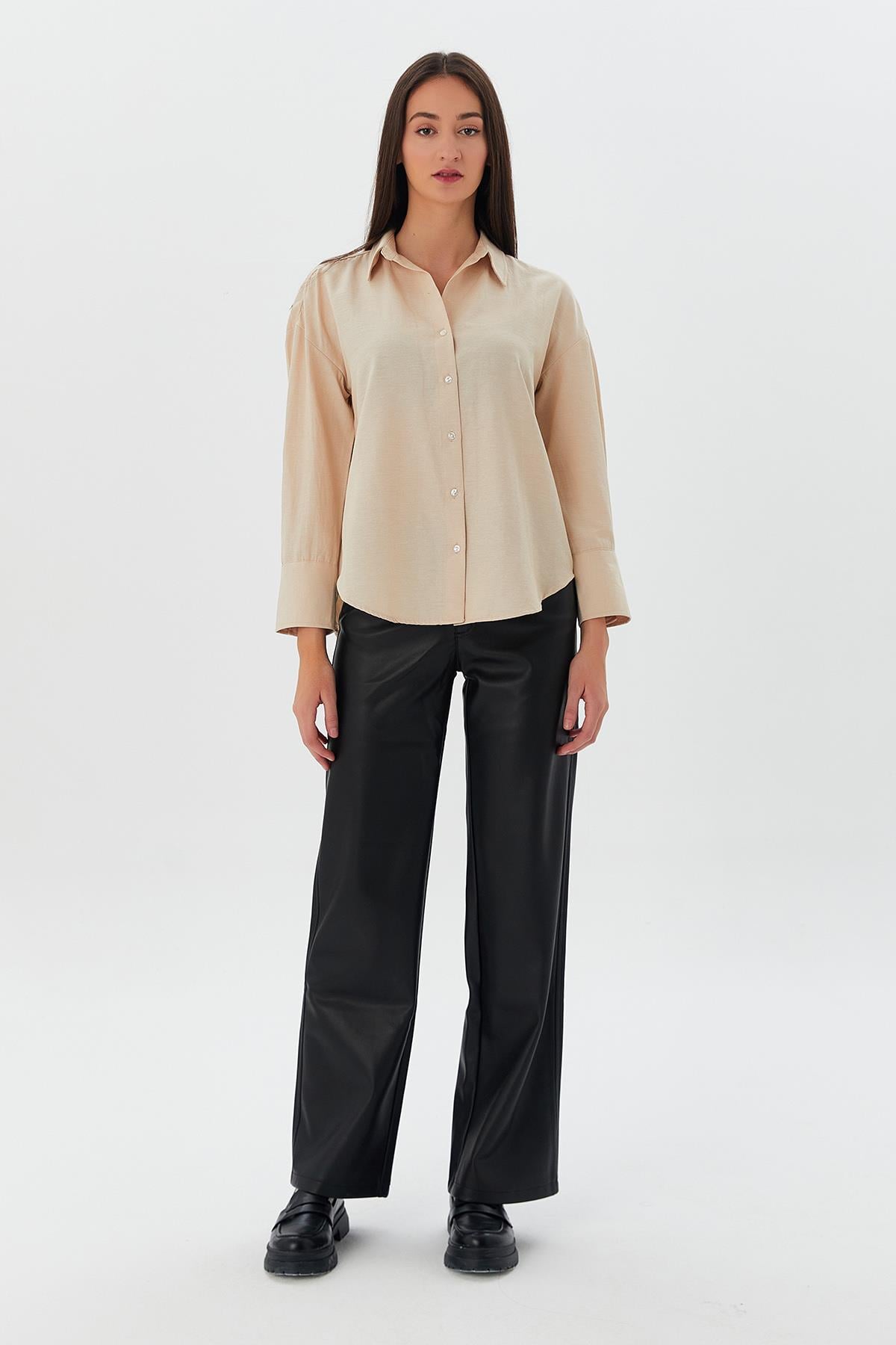 Düğmeli Basic Gömlek BEJ