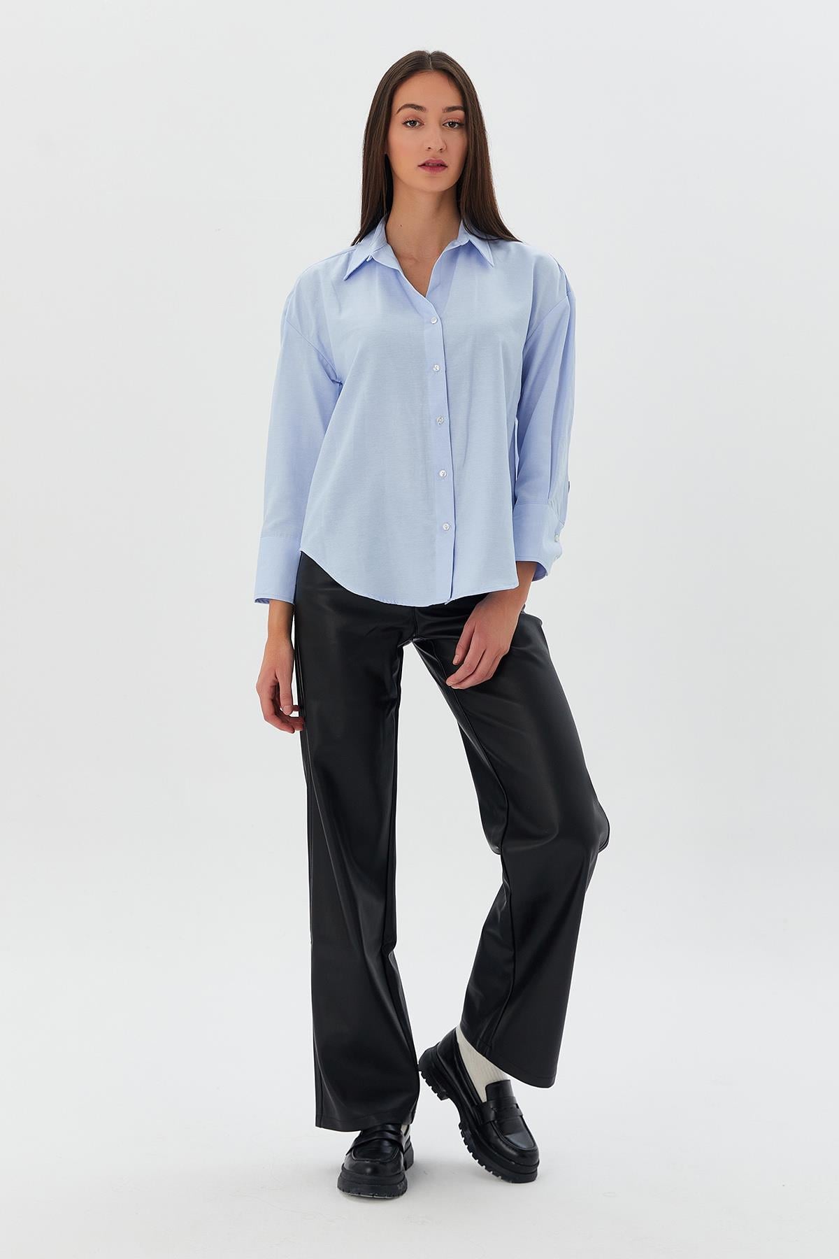 Düğmeli Basic Gömlek MAVI