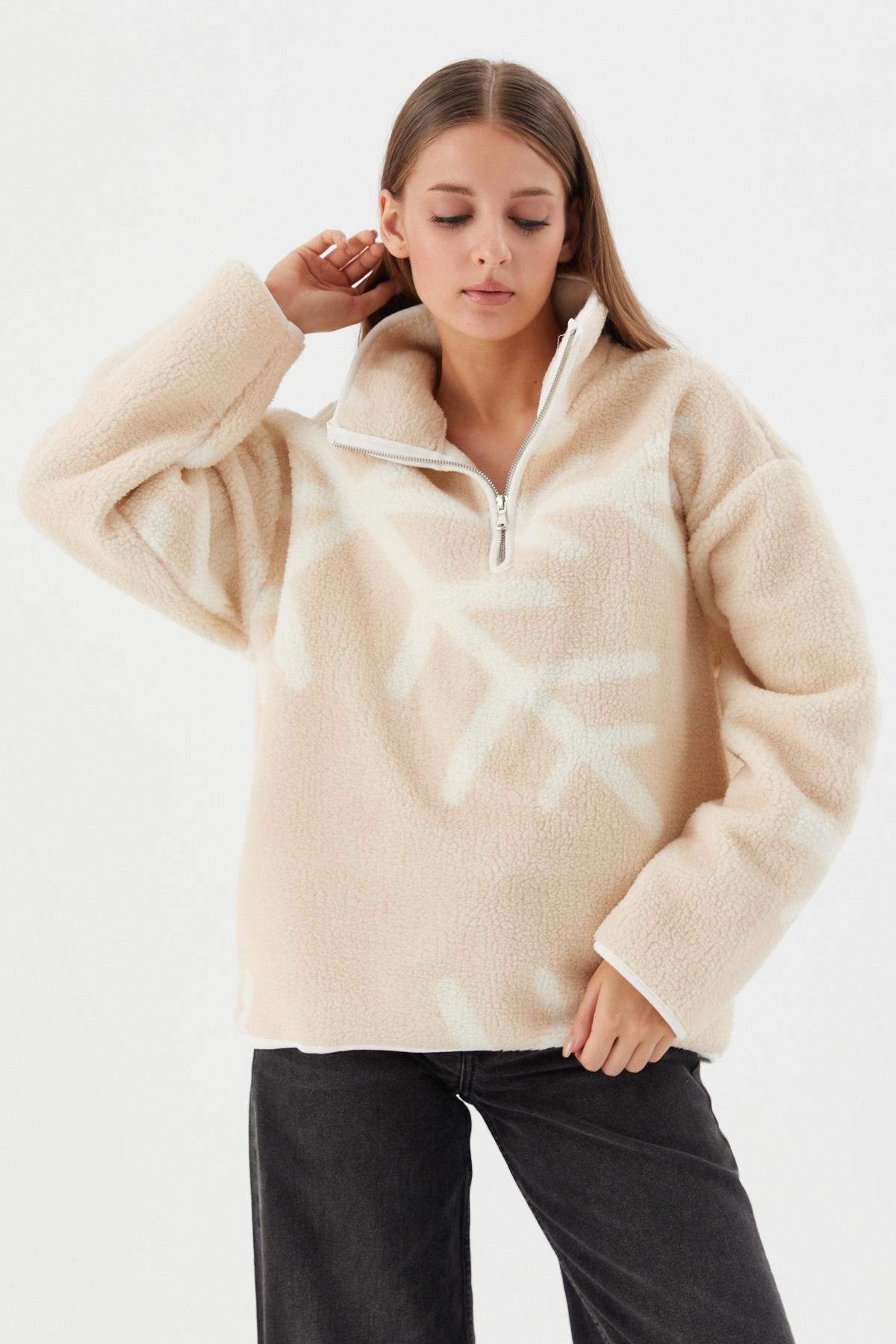 Fermuarlı Polar Sweatshirt EKRU