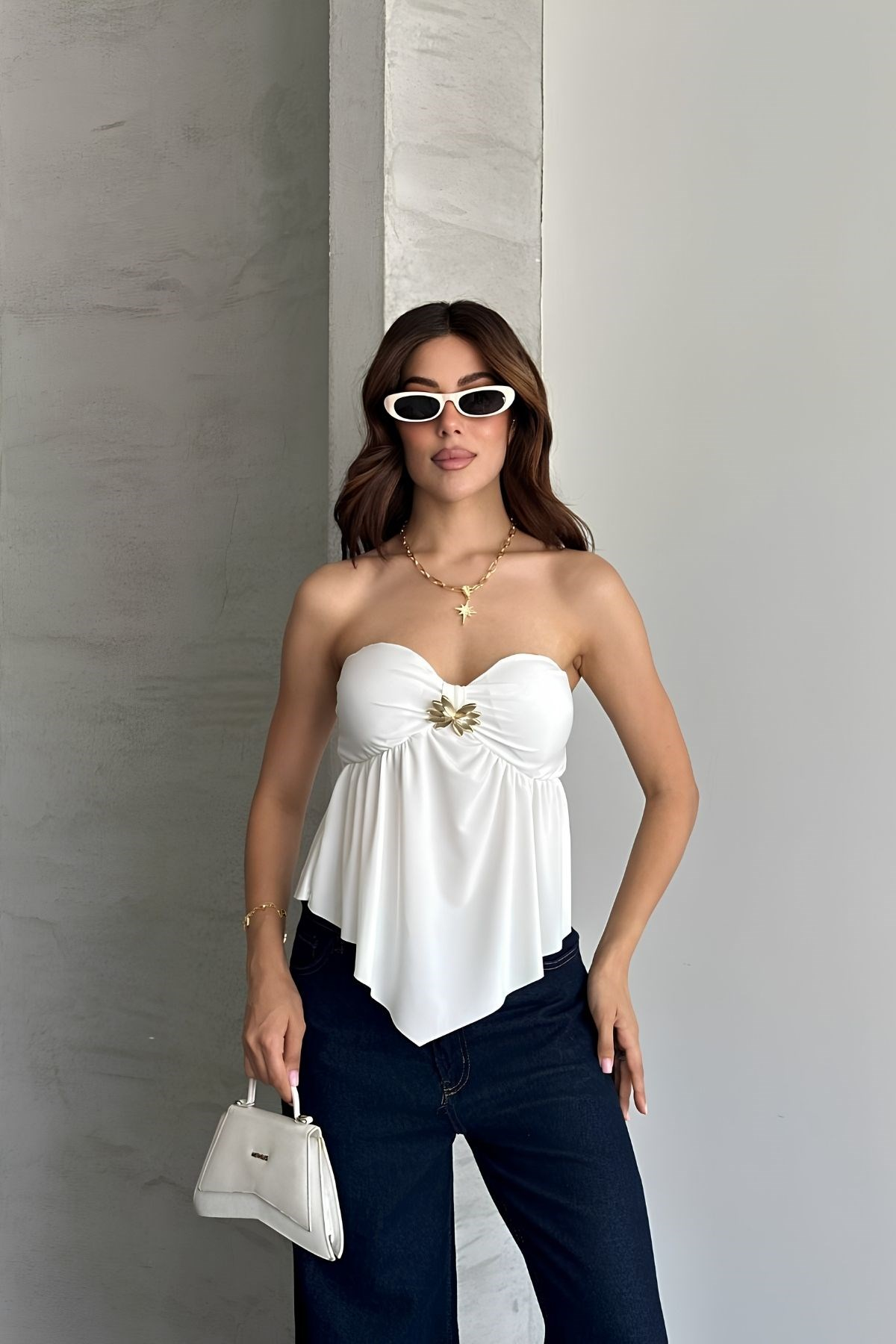 Gloplu Straplez Tokalı Crop Top EKRU