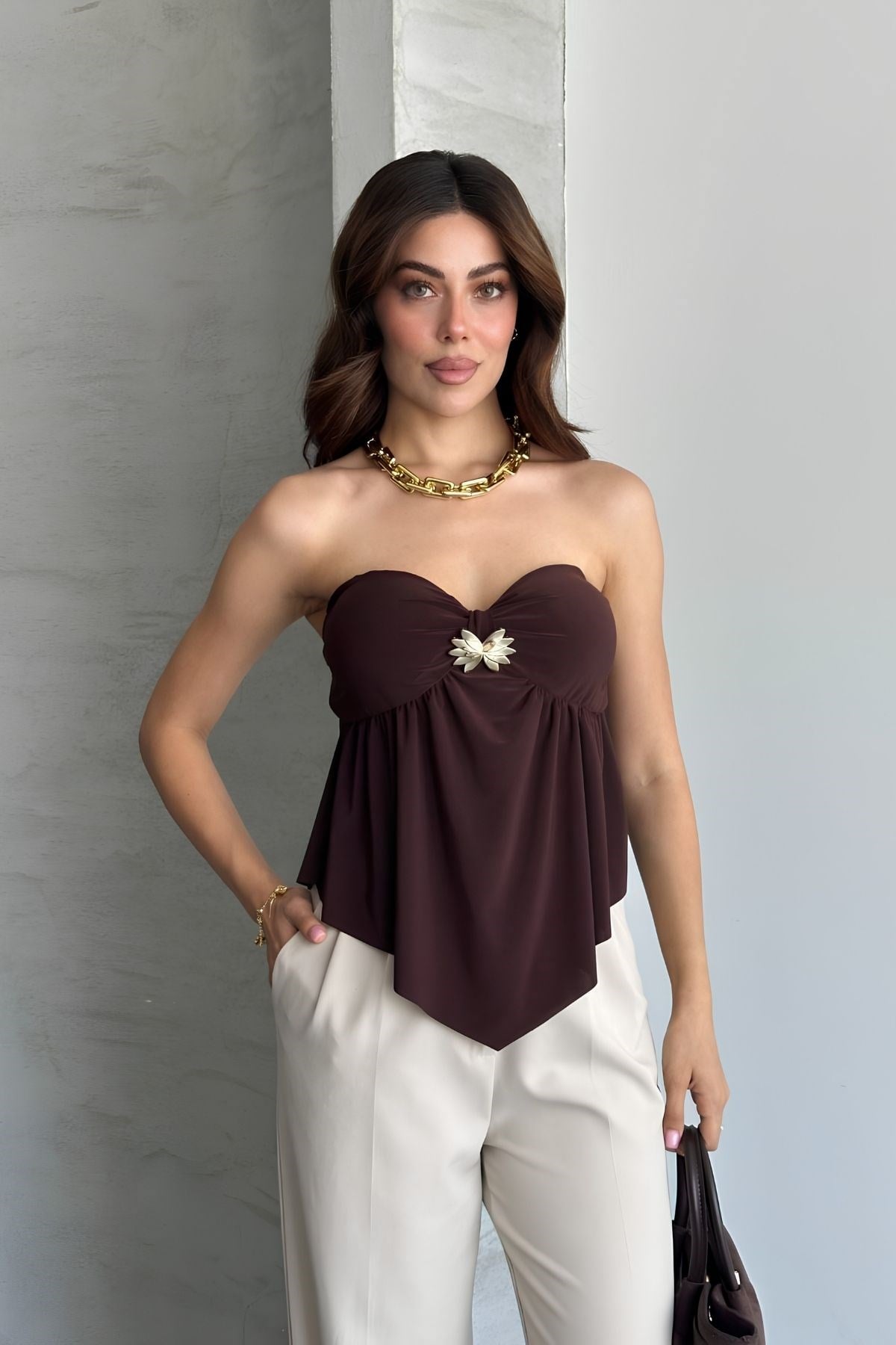 Gloplu Straplez Tokalı Crop Top KAHVE