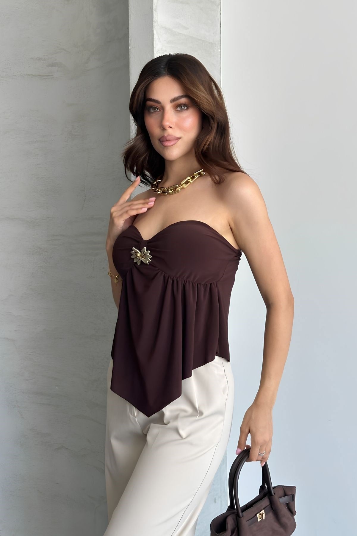 Gloplu Straplez Tokalı Crop Top KAHVE